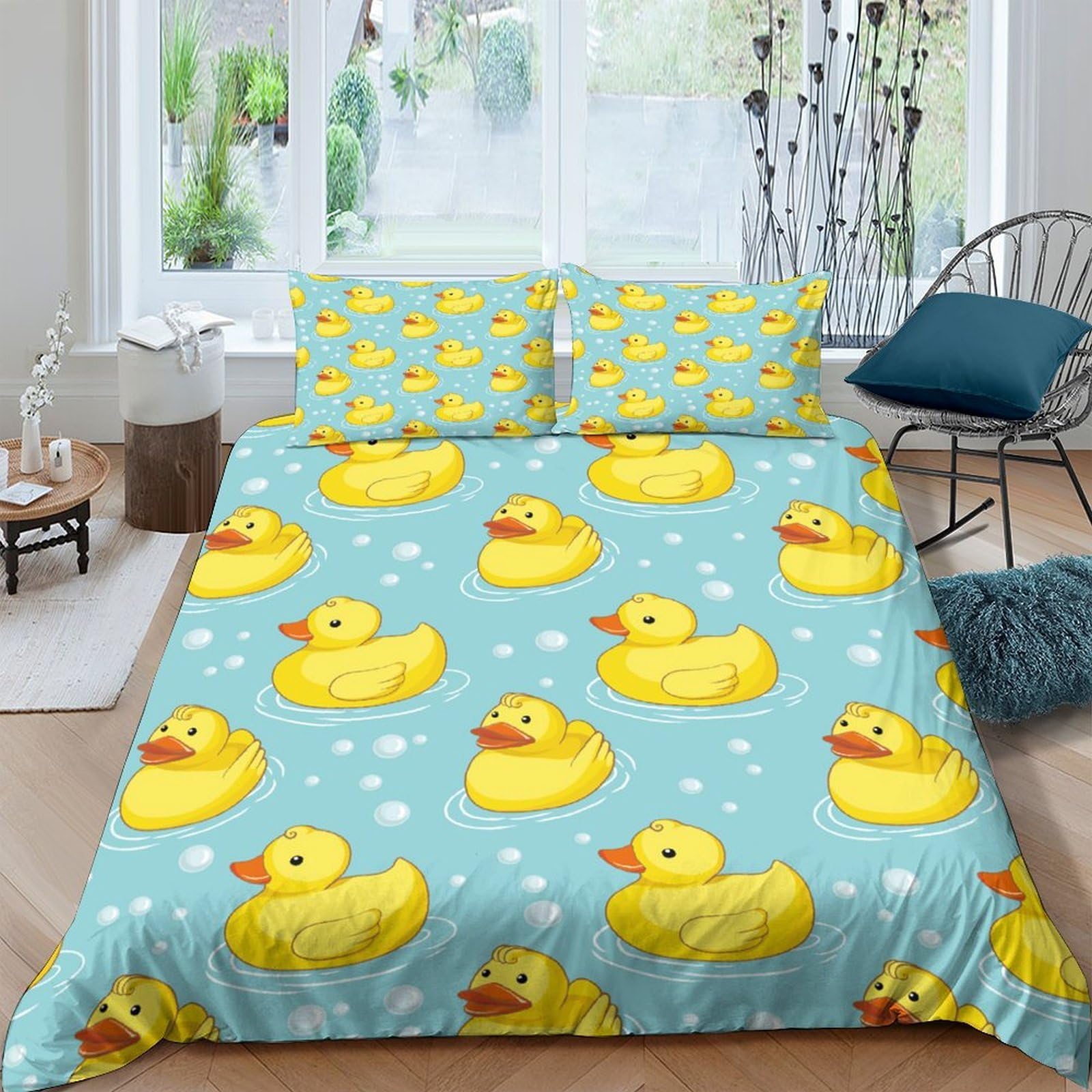 Ctjqhvkz Style-1 3D Printed Yellow Duck Fitted Sheet Microfiber Soft Blue Bubble Mattress Cover For Bedroom Dorm Easy Care Decor Single（135X200cm）