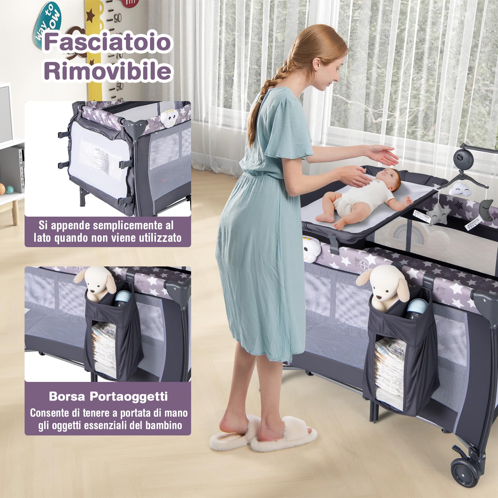 COSTWAY 3 In 1 Lettino da Campeggio per Bambini, Lettino con Materasso Portatile per Neonati, Culla Pieghevole per Neonati con Fasciatoio, Carillon e Ruote con Freno, per Bambini 0-36 Mesi (Grigio)