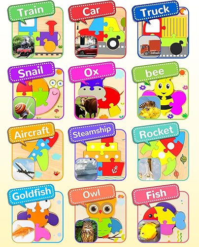 Miniatura 4 de Yetonamr Rompecabezas de madera para niños pequeños, juguetes de regalo para niños y niñas, 12 formas de vehículo, juguete Montessori, bloques