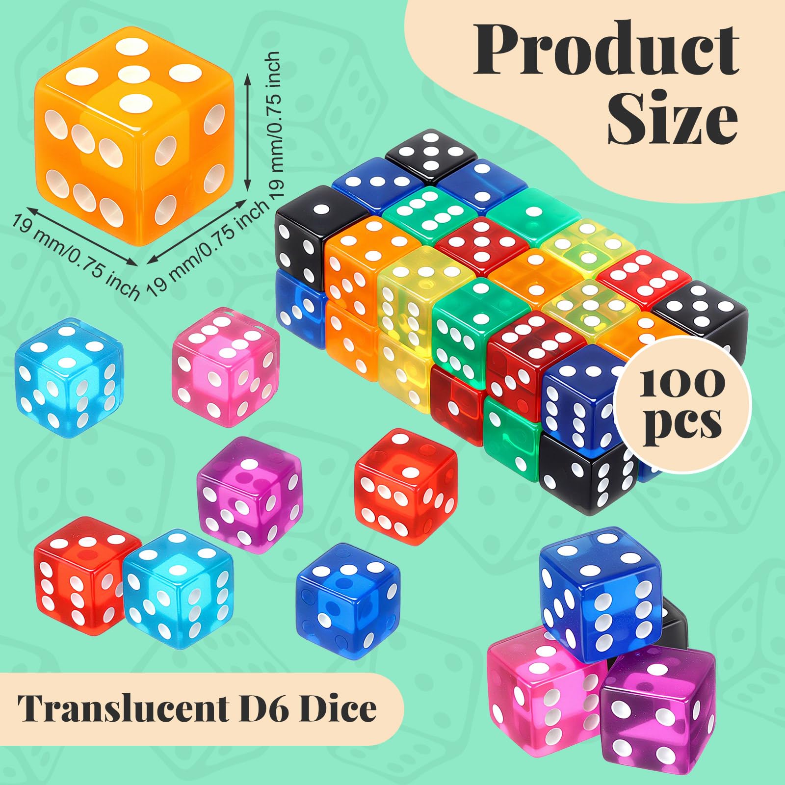 Seenelling Juego de 100 Dados de 19 mm de Estilo Casino, acrílicos y translúcidos, Dados D6, Cuadrados con Borde Redondeado para Casino, Dados, Juegos de Mesa y Juegos de Mesa (Multicolor)