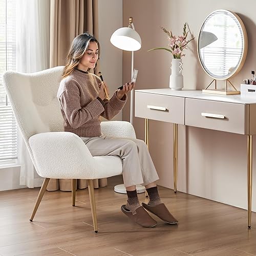 Miniatura 3 de Yaheetech Silla tipo barril, silla casual de tela de peluche con respaldo alto y acolchado suave, moderna silla de tocador mullida, sillón acogedor