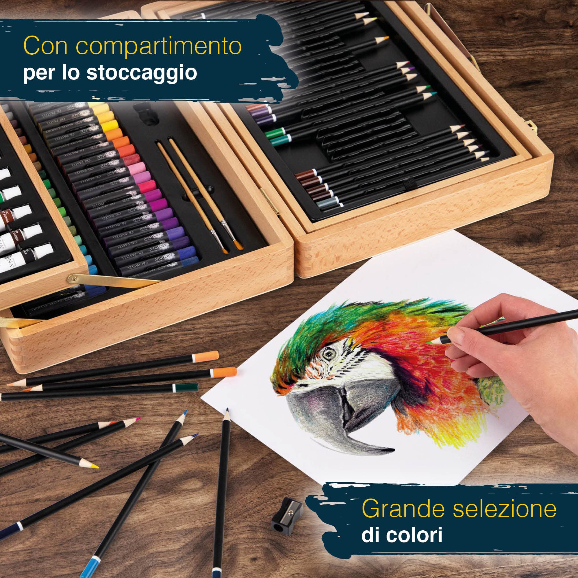 Artina Set di pittura XXL con scatola di pittura in legno FSC® Bologna – pittura acrilica, acquerello, matite colorate, pastello e feltri, grande kit di disegno per principianti