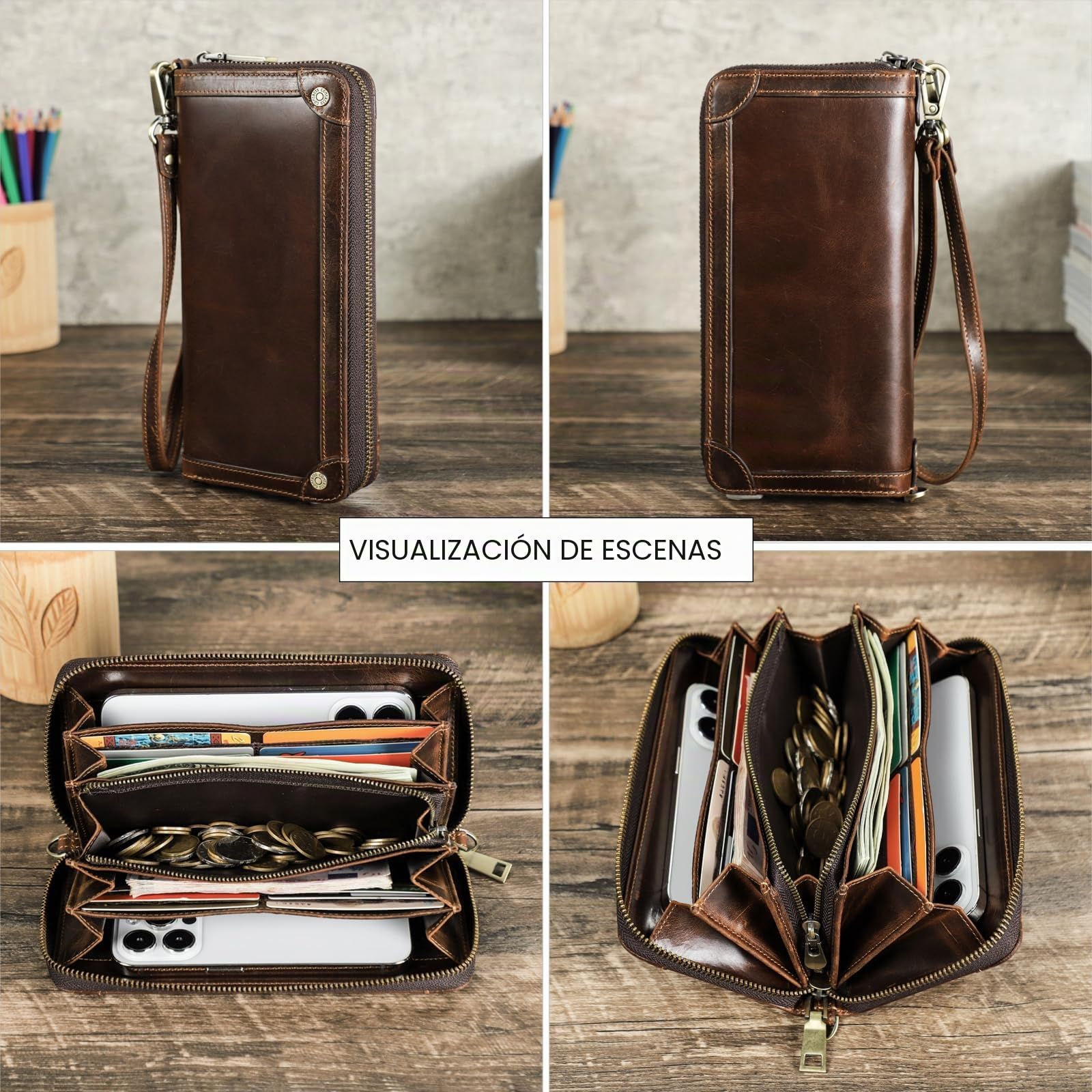 CONTACTS Cartera de Piel auténtica con Doble Cremallera Alrededor de los Hombres con 4 Capas intermedias Vintage Largo con muñequera