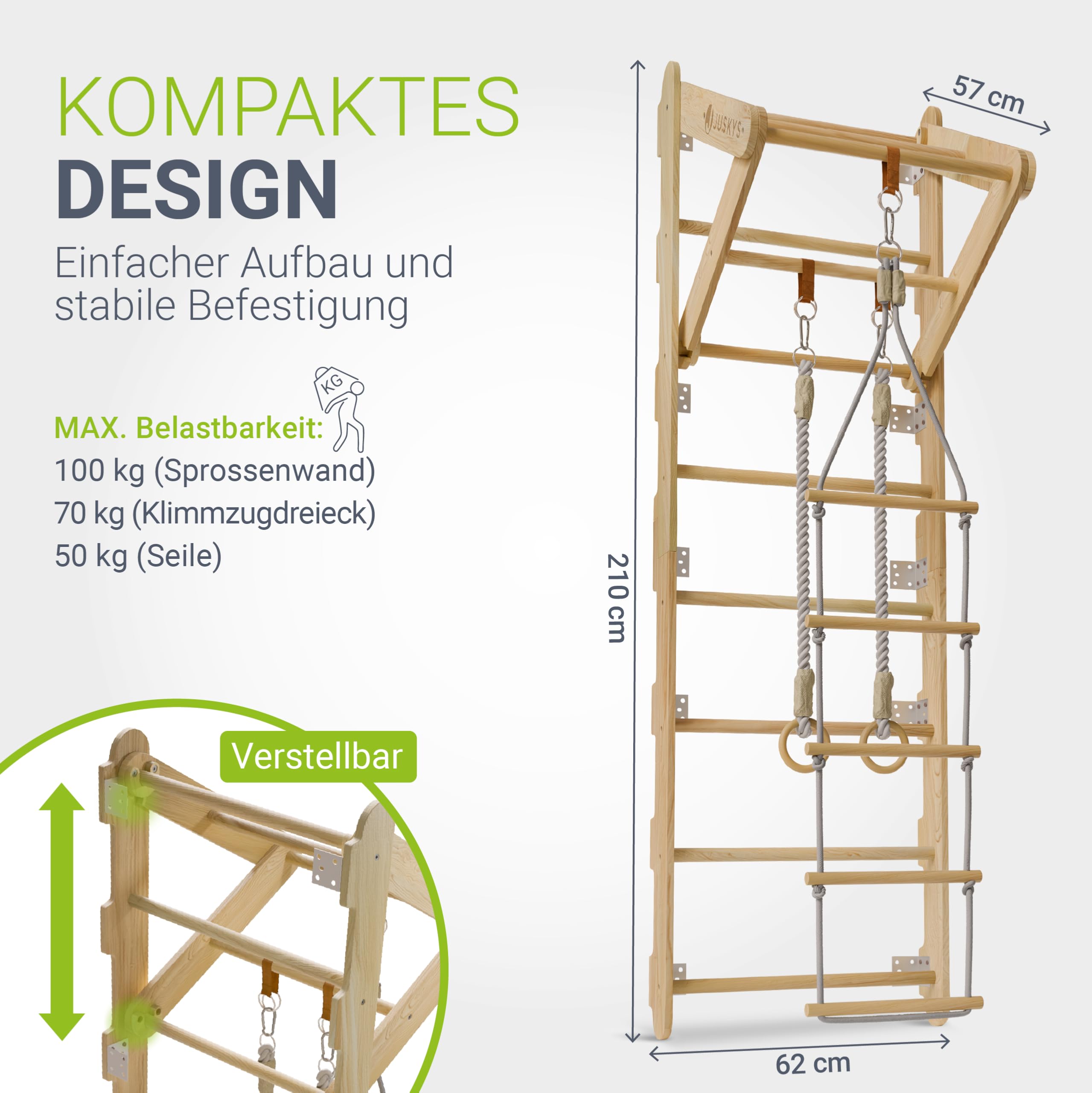 Juskys® Sprossenwand für Kinder - mit Klimmzugstange, Indoor Klettergerüst mit Turnringen und Strickleiter, Kletterwand fürs Kinderzimmer, Turnstange