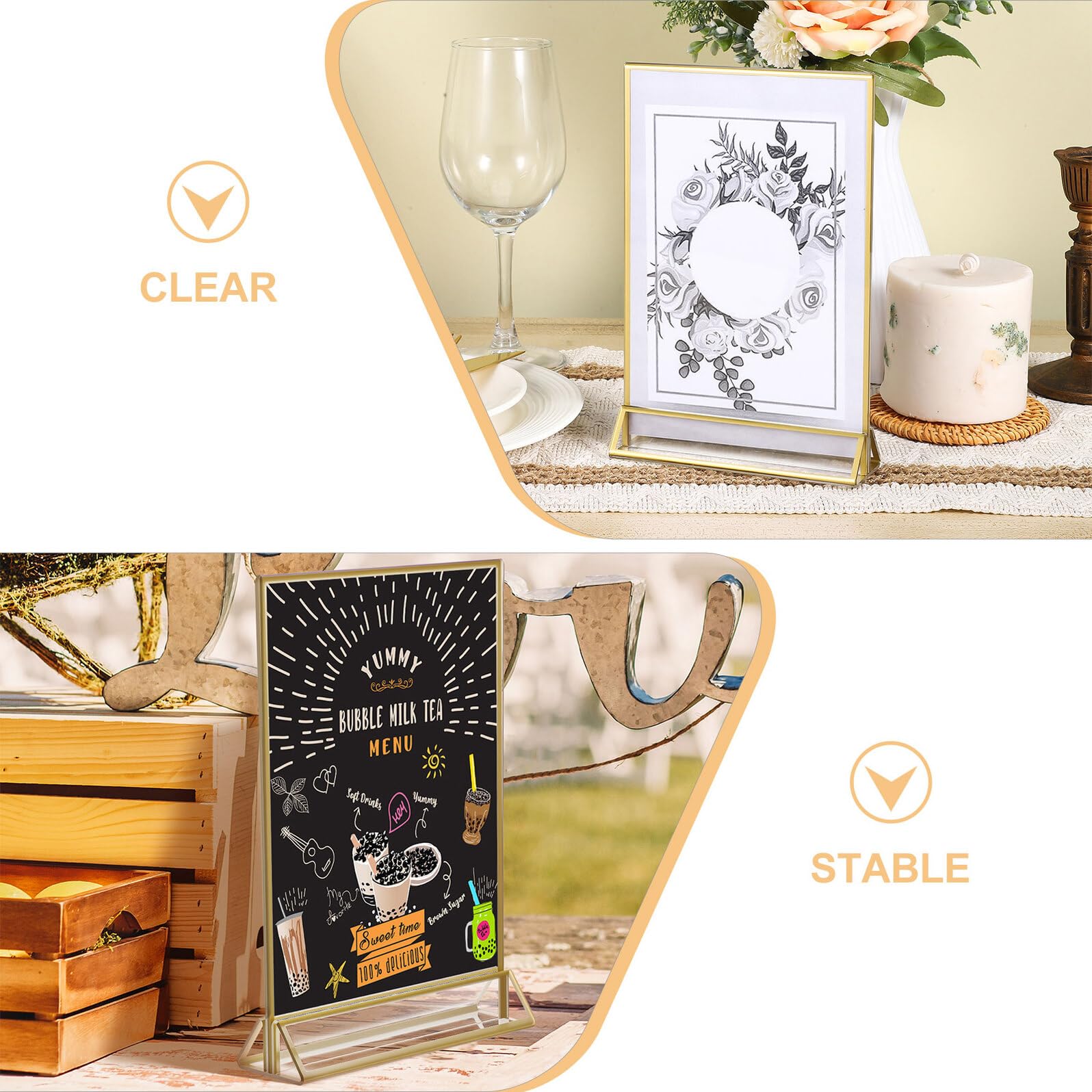 SHINEOFI 2 Piezas Soporte de Carteles Acrílico Transparente Doble Cara con Borde Dorado para Menú y Número de Mesa Exhibidor de Mesa Pequeño para Bodas y Restaurantes de Unidades