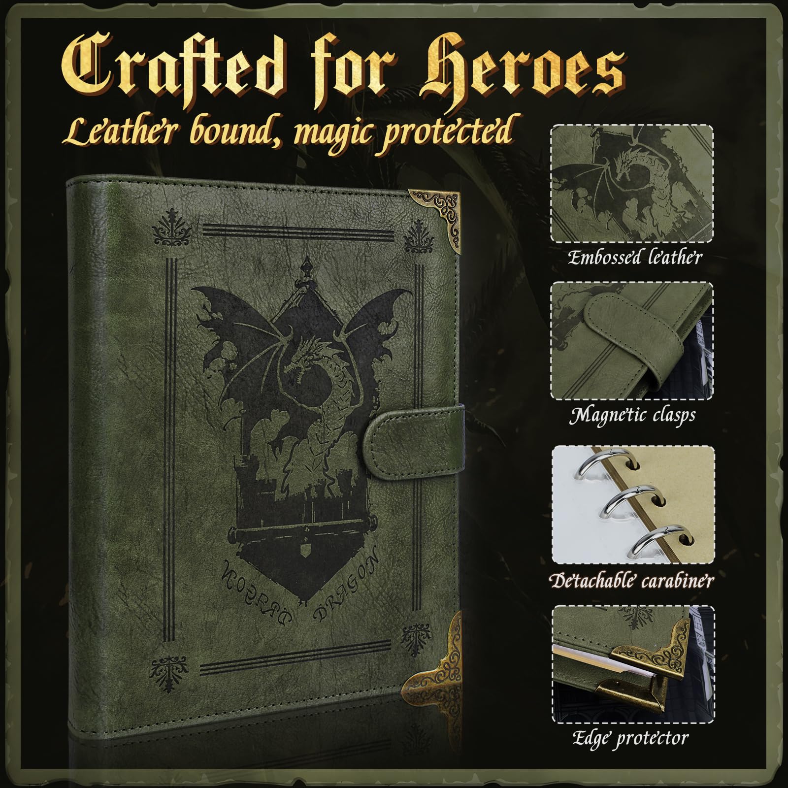 Foliant of Recollection TTRPG Porte-cartes avec sort magique pour DnD/RPG, livre de magie de poche et porte-cartes de référence, accessoires de jeu pour débutants et maîtres DnD avec 40 cartes de