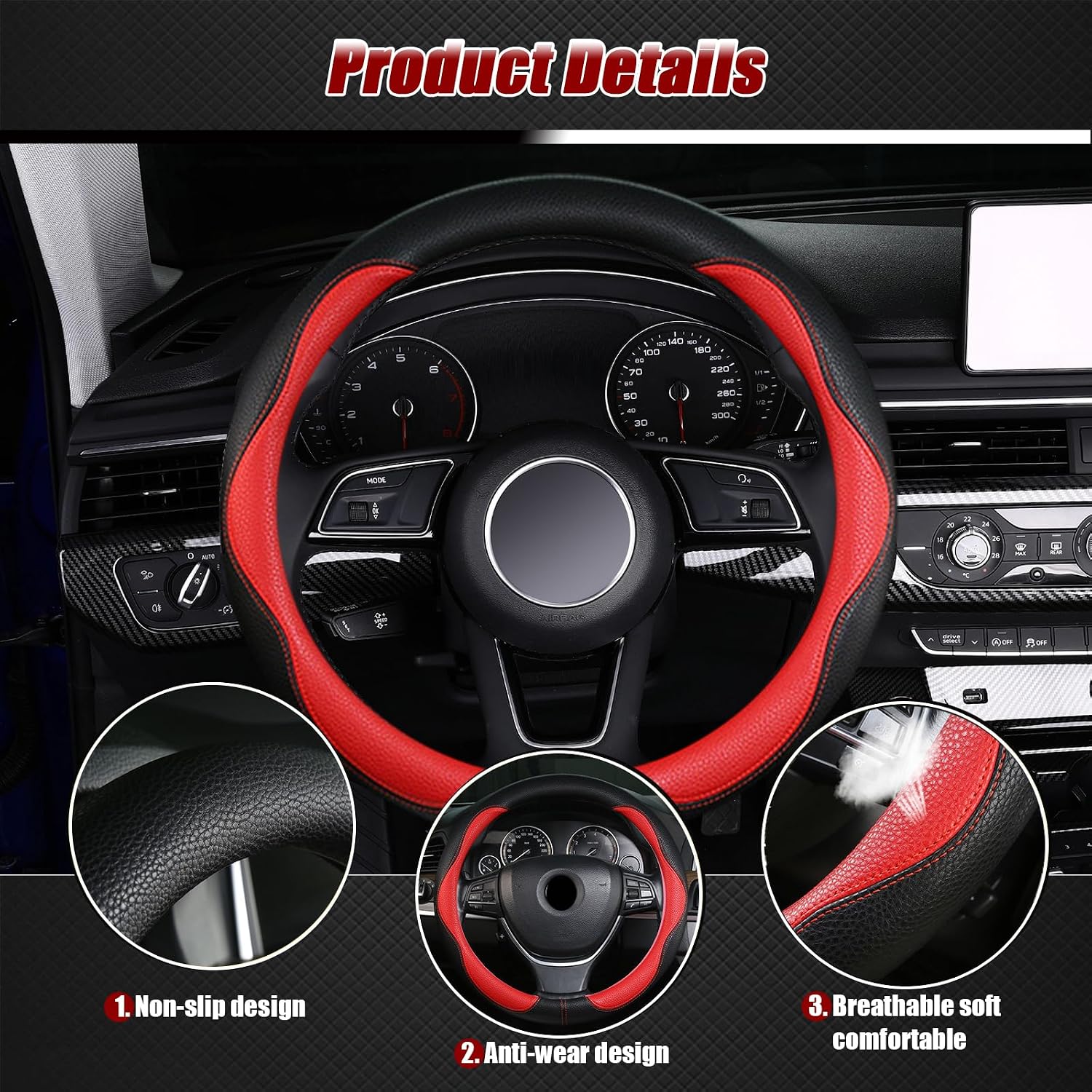 Steering Wheel Cover, Anti Slip Breathable Comfort PU Imitation Leather Cute Car Accessories for Women Girl, Universal Protector in All Season 15 inch Fit Most Car(Red) image 2