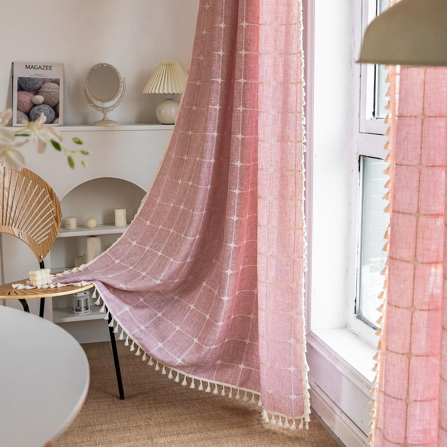 USTIDE Pink Plaid Curtains 150x220cm, Sweet Boho Nursery & Girl's Bedroom Curtains, Cotton Linen Semi-Blackout with Embroidery & Tassel, Rod Pocket Window Panel