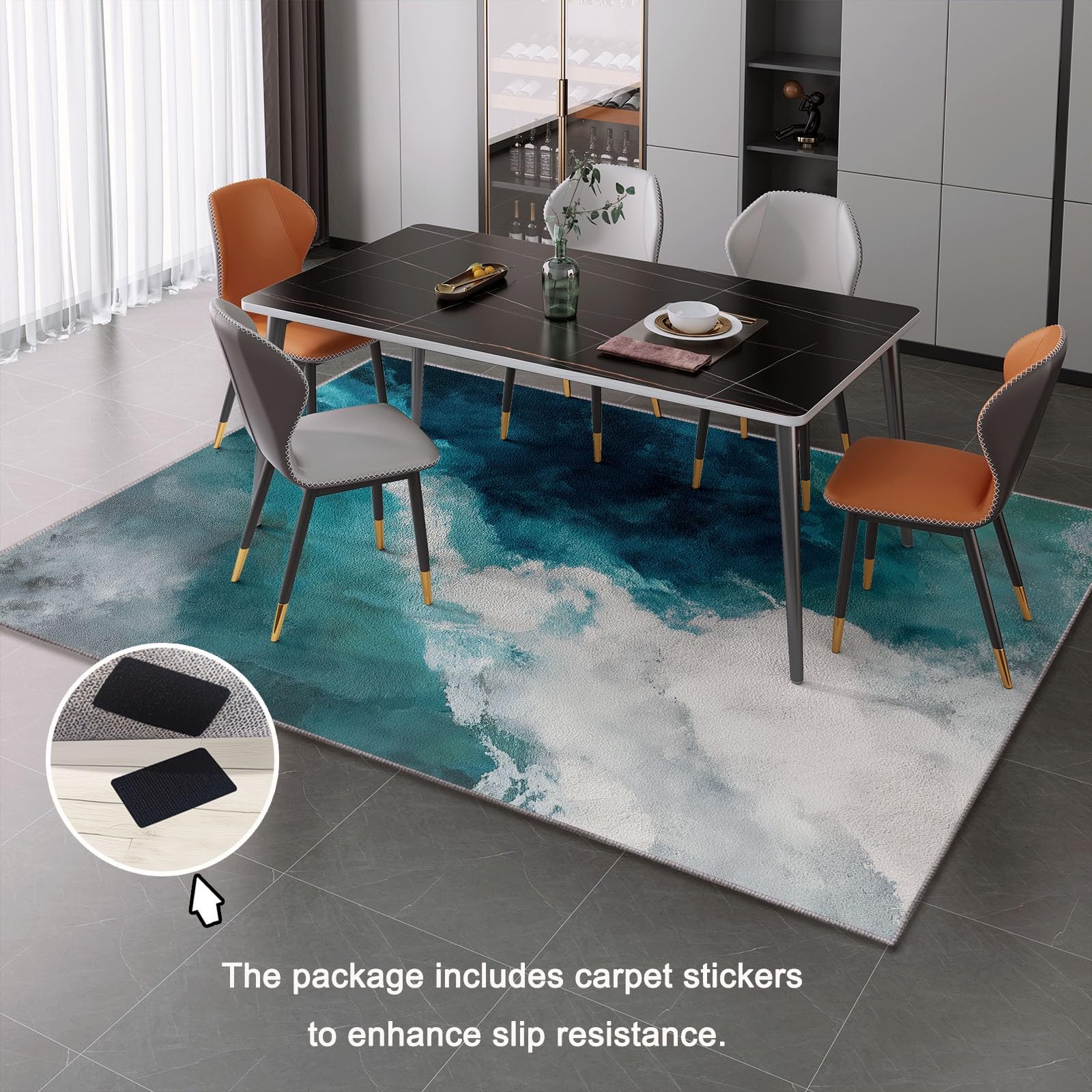 Tappeto per soggiorno 120 x 170 cm Tappeti lavabile in lavatrice morbido a pelo corto per camera da letto Moderno Effetto consumato Ombreggiatura tappeto resistente alle macchie Lago Blu Bianco