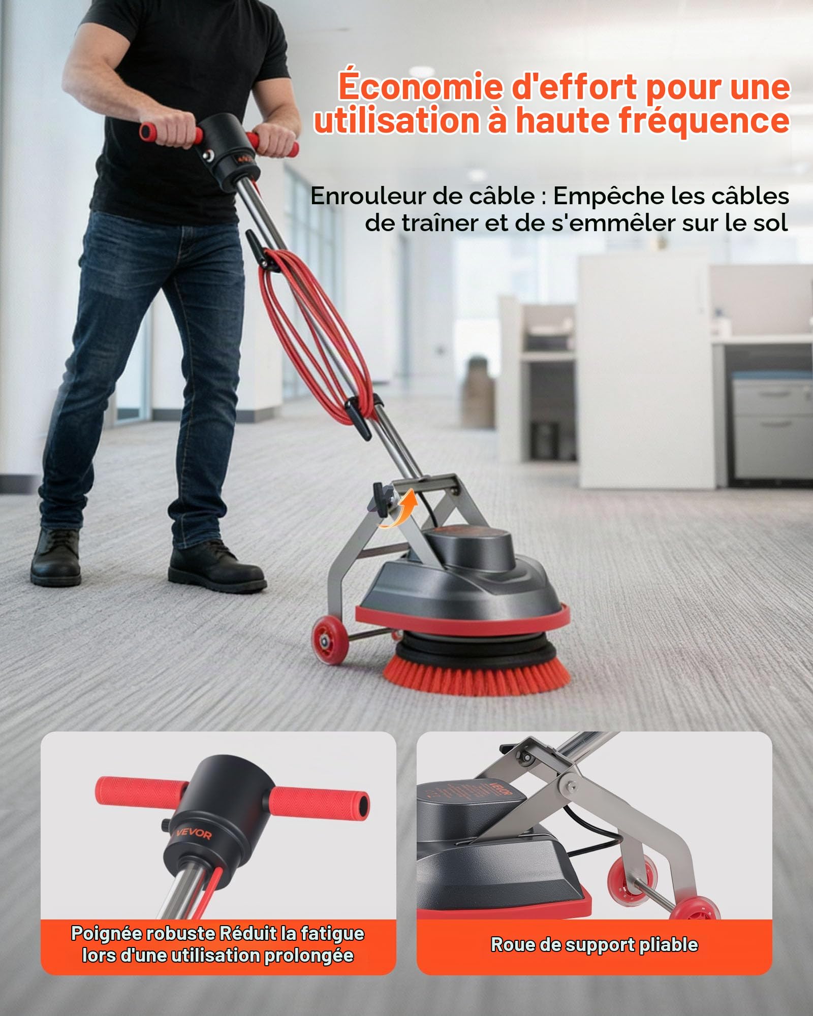 VEVOR Monobrosse, Nettoyeur de Sol à Brosse Rotative, pour Carrelage Parquet Moquettes, Laveuse Électrique 2 Roulettes, Cireuse et Poliseuse Vitesse 1900 tr/min Max., Câble 13 m, 3 Pads et 3 Brosses