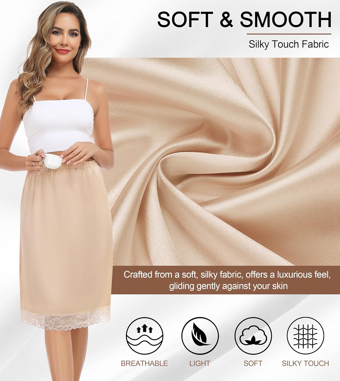 Lovasy 2 Pieces Half Slips for Women Long Underskirt Anti Static Satin Under Skirt with Lace Trim Slip for Skirts Dress S-3XL - Image 3