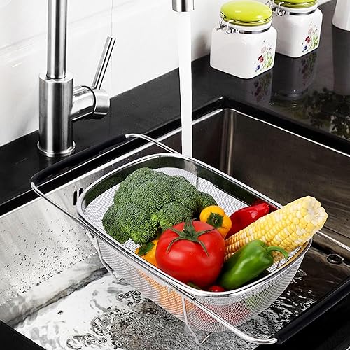 Miniatura 7 de ZDRongZhen Accesorios de Cocina Colador Escurridor Cesta Sobre el Fregadero, Colador de Acero Inoxidable con Agarre de Goma Expandible Escurridor de