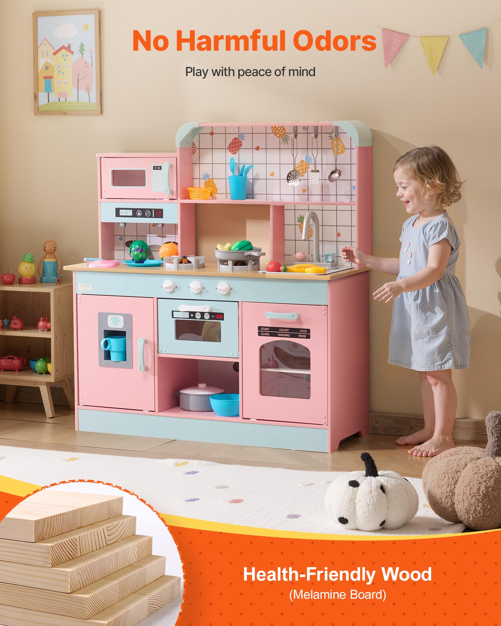 VEVOR Giocattolo Cucina per Bambini, Set Giocattolo da Cucina per Bambini in Legno con Luci Suoni Macchina per Ghiaccio Forno Lavello Microonde Frigorifero Utensili, Giocattolo Cucina, 24 pz, Rosa