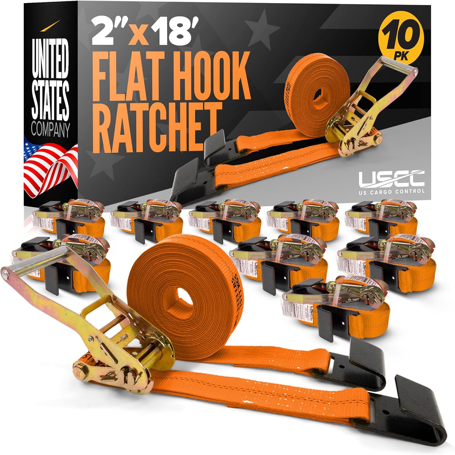 Ratchet Straps 2"x18 Ft 10-Pack – Orange Flat Hook view 8