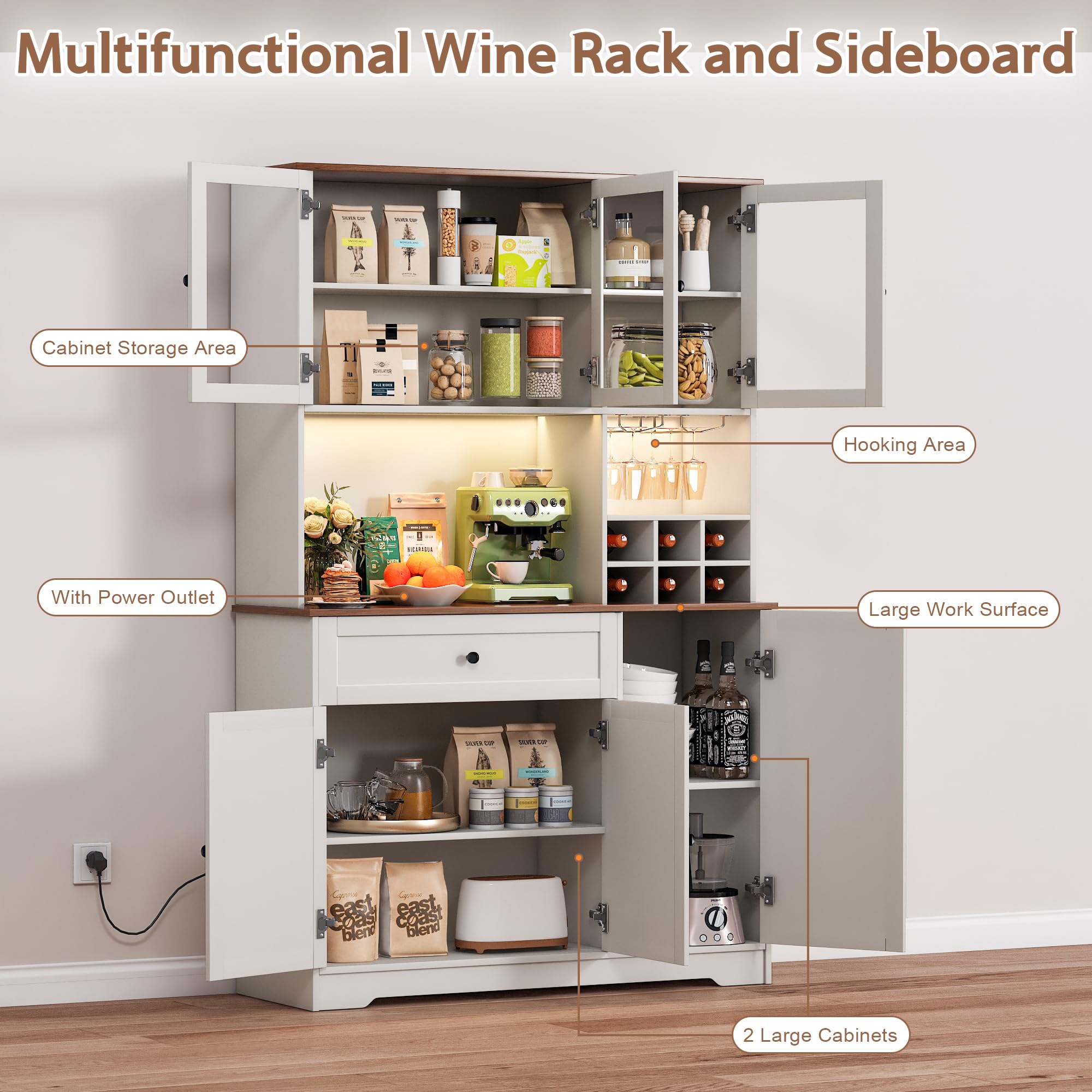 Küchenschrank mit Arbeitsplatte, Buffetschrank mit Weinregal, LED-Licht & Steckdose mit USB, Verstellbare Einlegeböden Anti-Kipp Vorrichtung, Sideboard Küche für Wohnzimmer Esszimmer (Weiß)