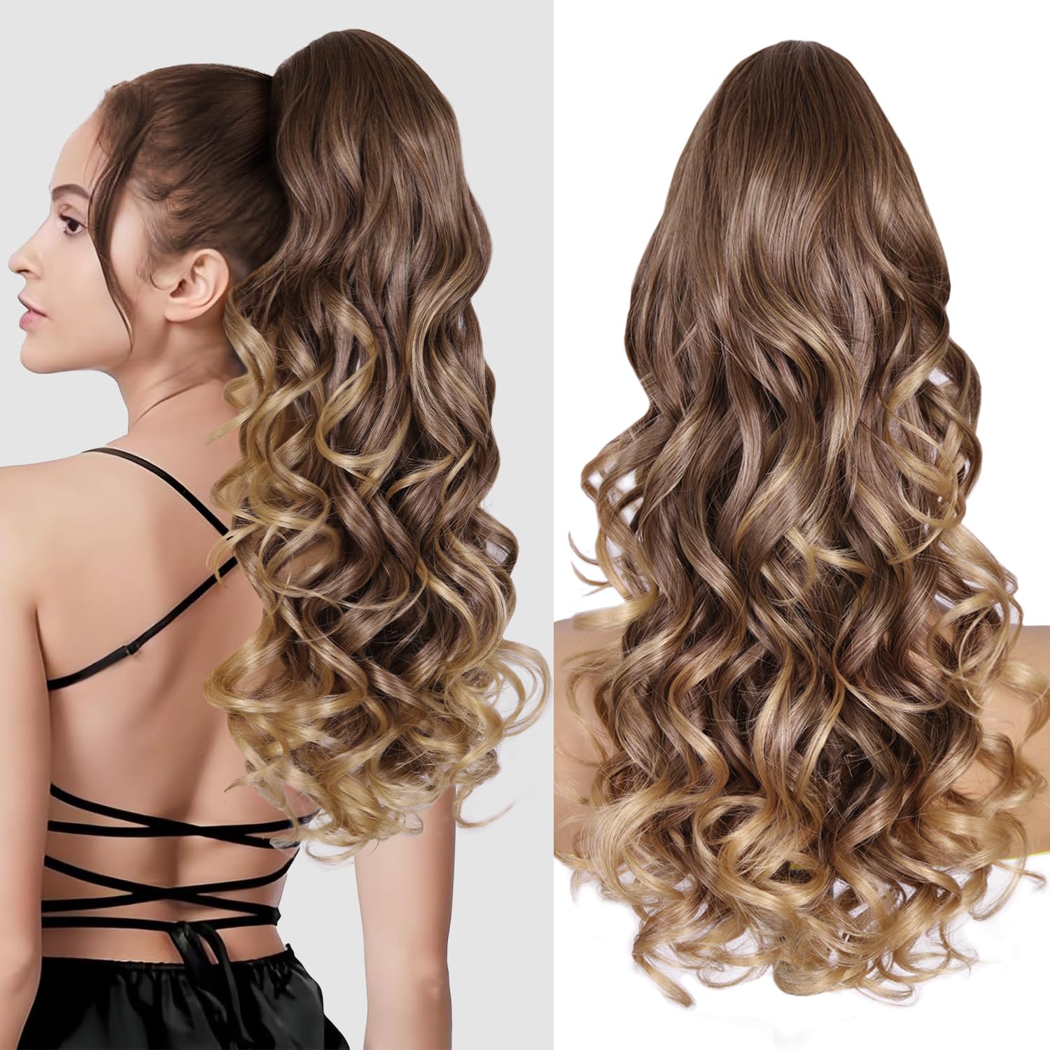 24 Inch Ponytail Extension, Layered Ponytail Extensions for Women, Soft Wavy Claw Clip in Ponytail Extension, Natural Synthetic Hair Pieces for Women