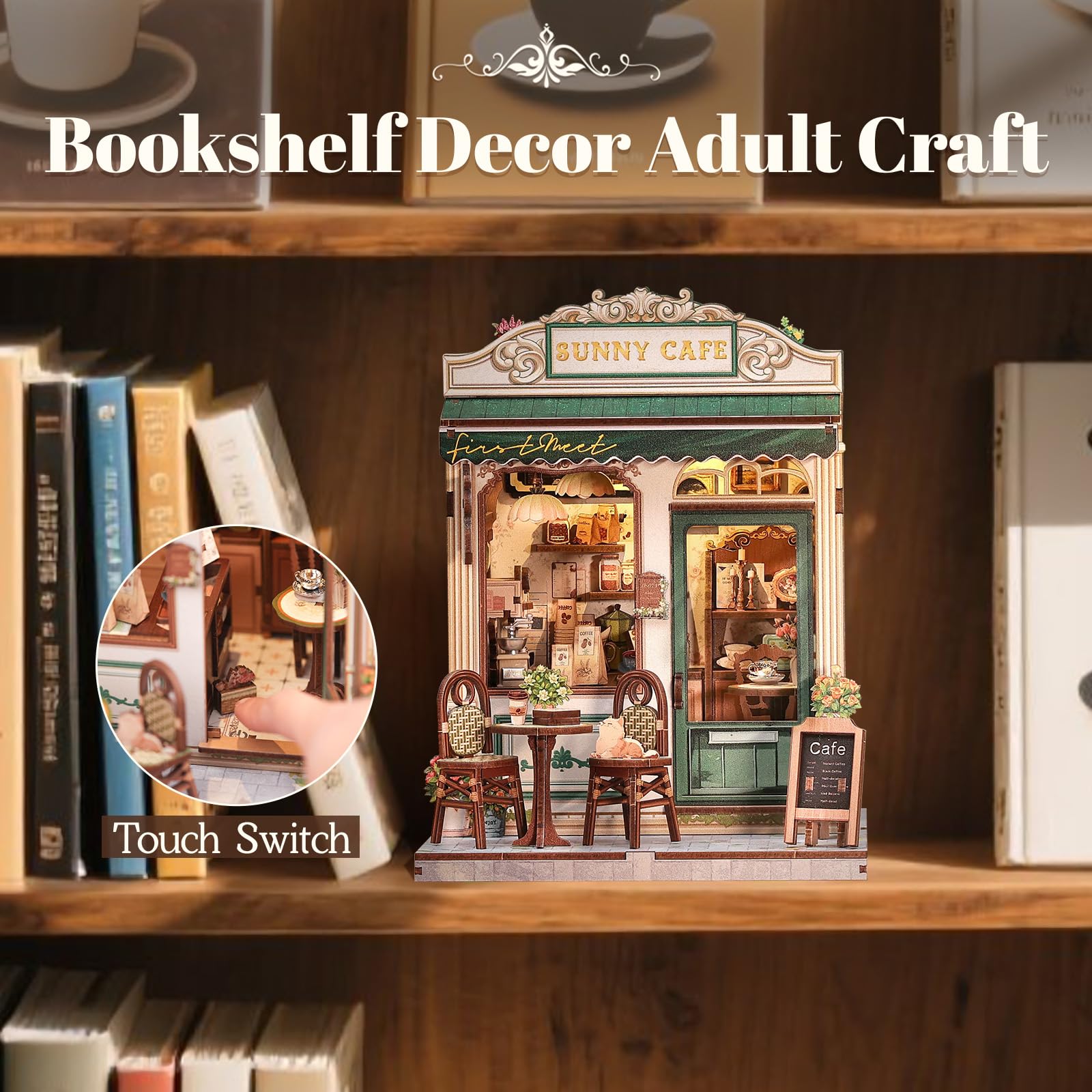 Fsolis Book Nook, 3D Wooden Puzzles Book Nook Kit, Diy Miniature House Kits for Adults Bookshelf Decor Gifts (SUNNY CAFE) - Image 2