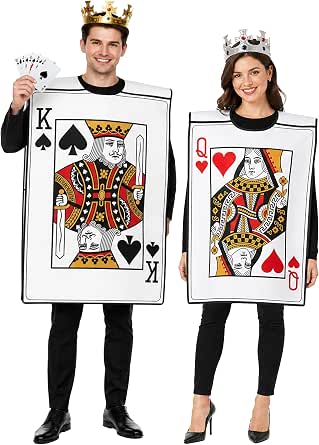 4-Pack Adult Couples Halloween King & Queen Playing Card Costumes with Crowns