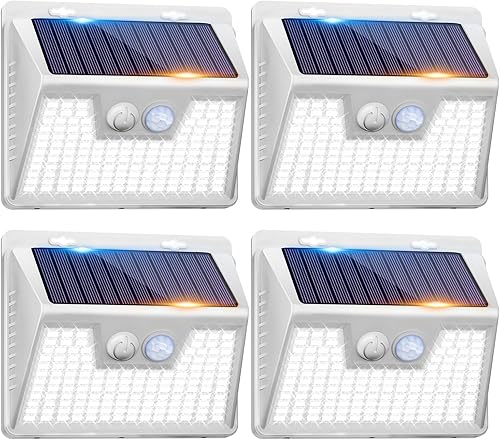 Miniatura 30 de Peasur Luces solares con sensor de movimiento para exteriores, paquete de 2 140 luces LED para valla, impermeable, marco blanco, iluminación de