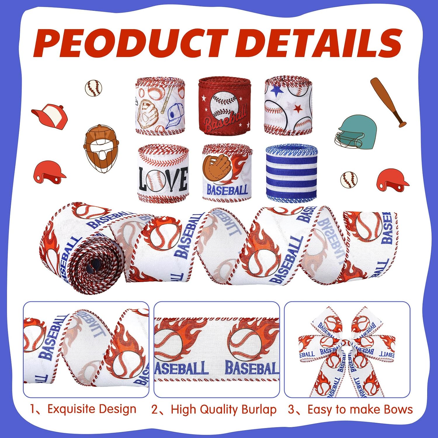 Juexica 6 Rolls 30 Yards Baseball Wired Edge Ribbon Patterned Ribbon Fabric Wrapping Craft for Sport Gift Wrapping Bows Party Decoration Sewing Supplies