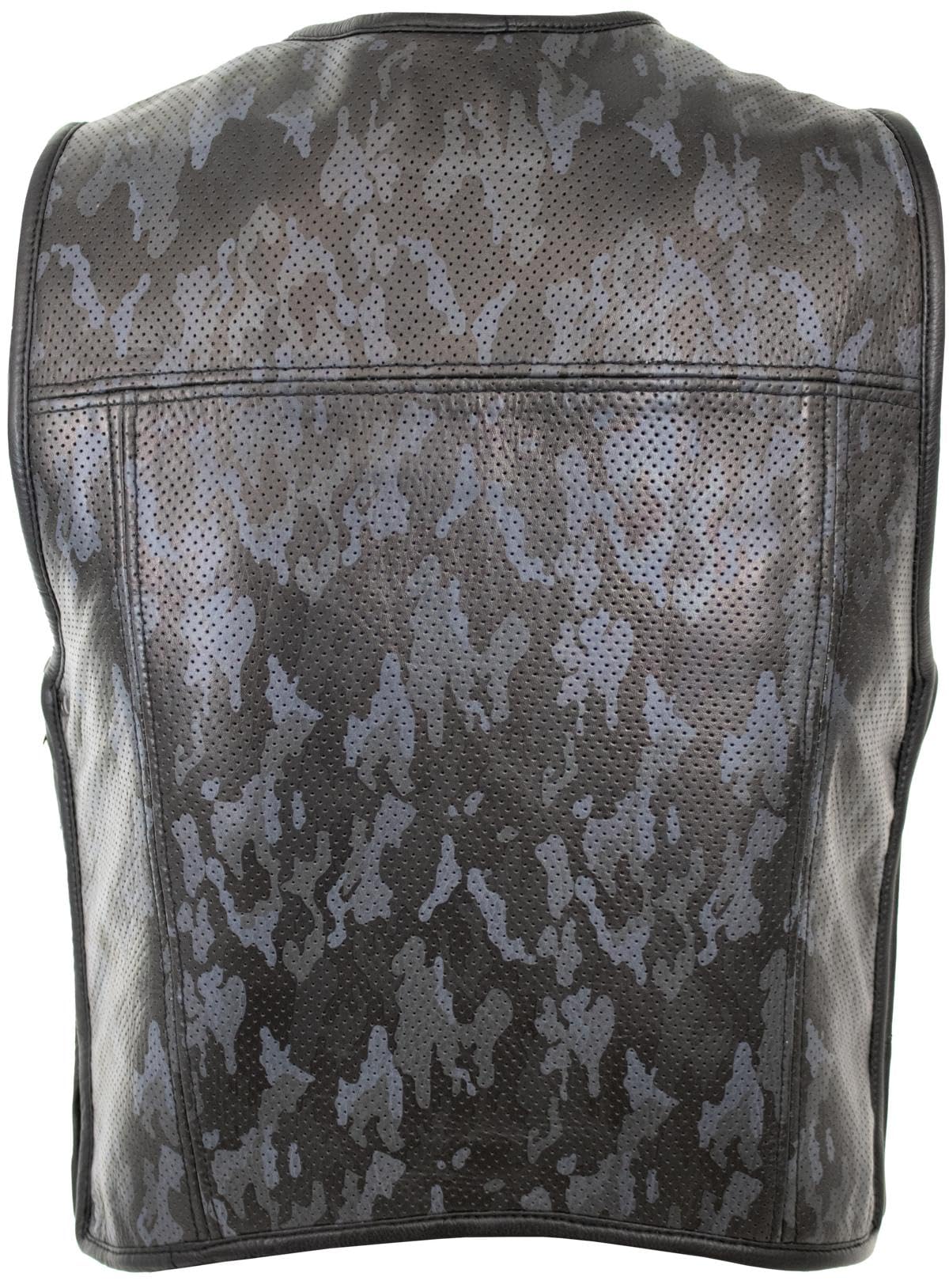 Chaleco de piel para hombre, diseño de camuflaje, color negro y gris, perforado, de auténtica piel de vacuno, ampliable mediante cremallera