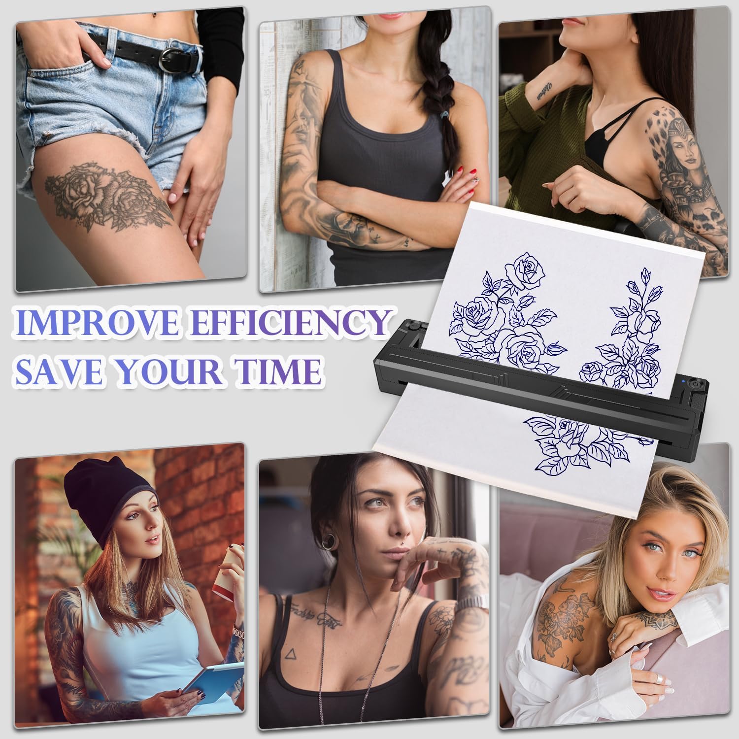 Wireless Tattoo Stencil Printer, Portable Bluetooth Thermal Tattoo Printer with App Custom-Size≤ A4, Print Realistic Portraits, 10 Transfer Papers, Works for Phone/Tablet/PC (Black)