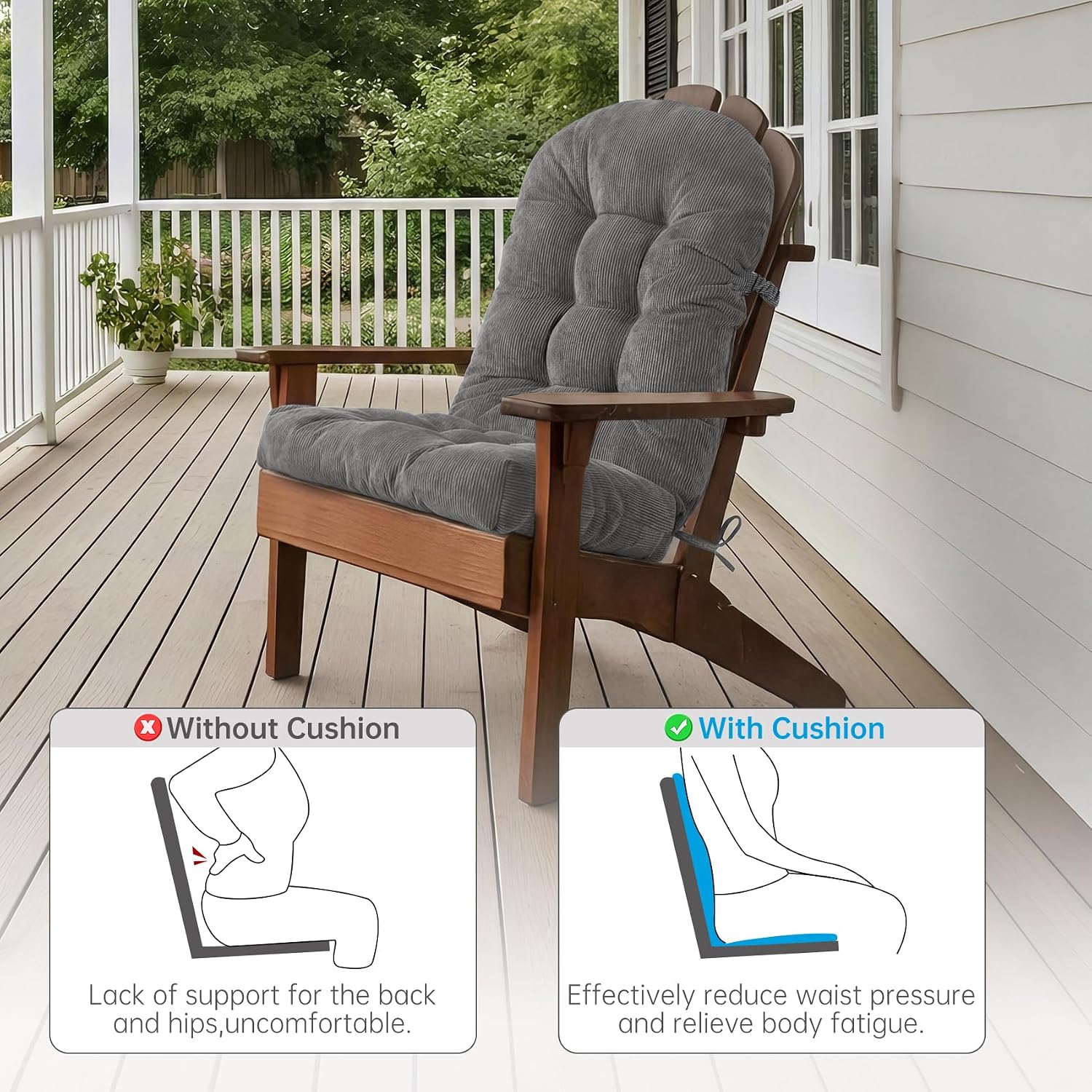 Rocking Chair Cushions Set - Non-Slip Adirondack Chair Cushions with Ties Indoor/Outdoor Rocking Chair Pad for Living Room, Bedroom, Balcony, Office