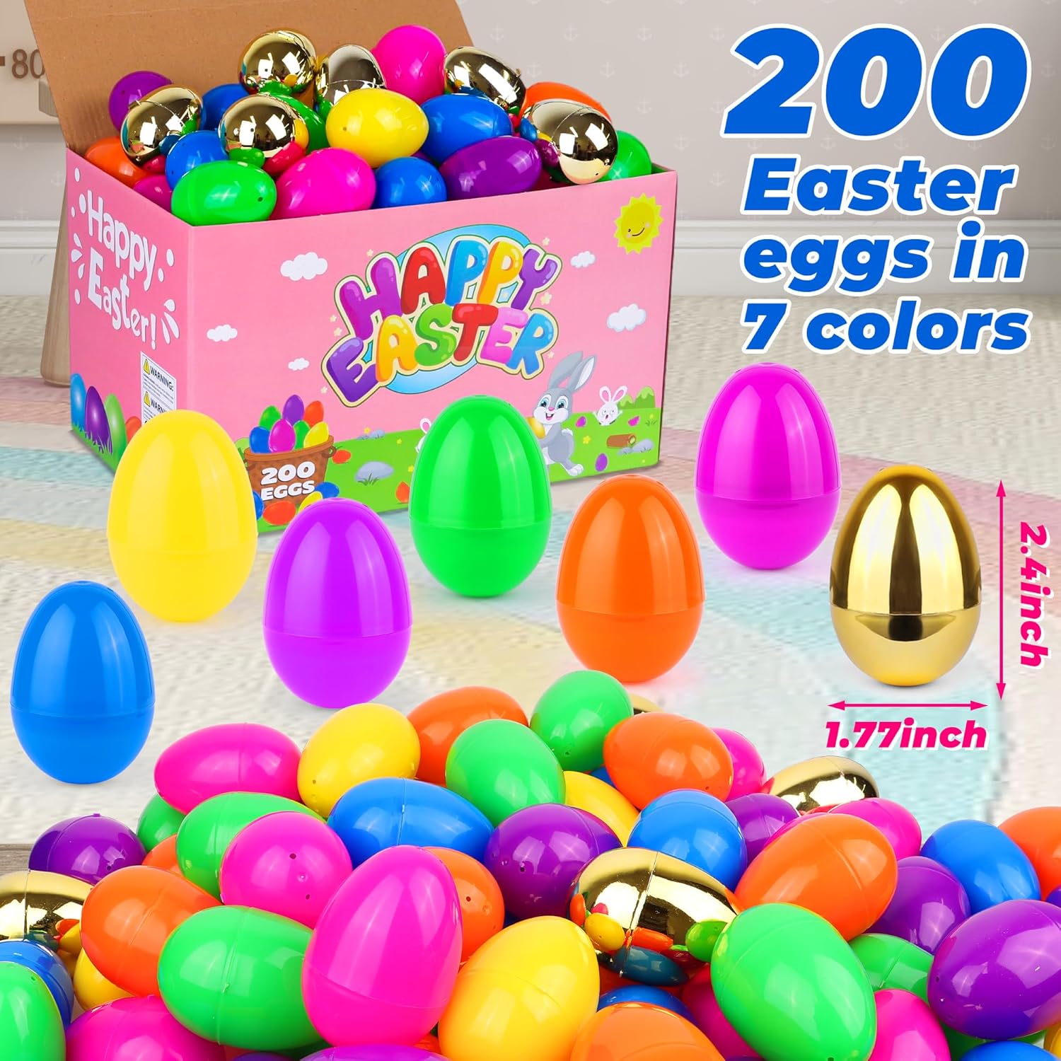 200 Pack Easter Eggs Bulk Include 6 Surprise Golden Eggs, 2.4 Inch Bright Colors Fillable Empty Plastic Easter Egg for Easter Hunt, Easter Basket Fillers, Easter Party Favors