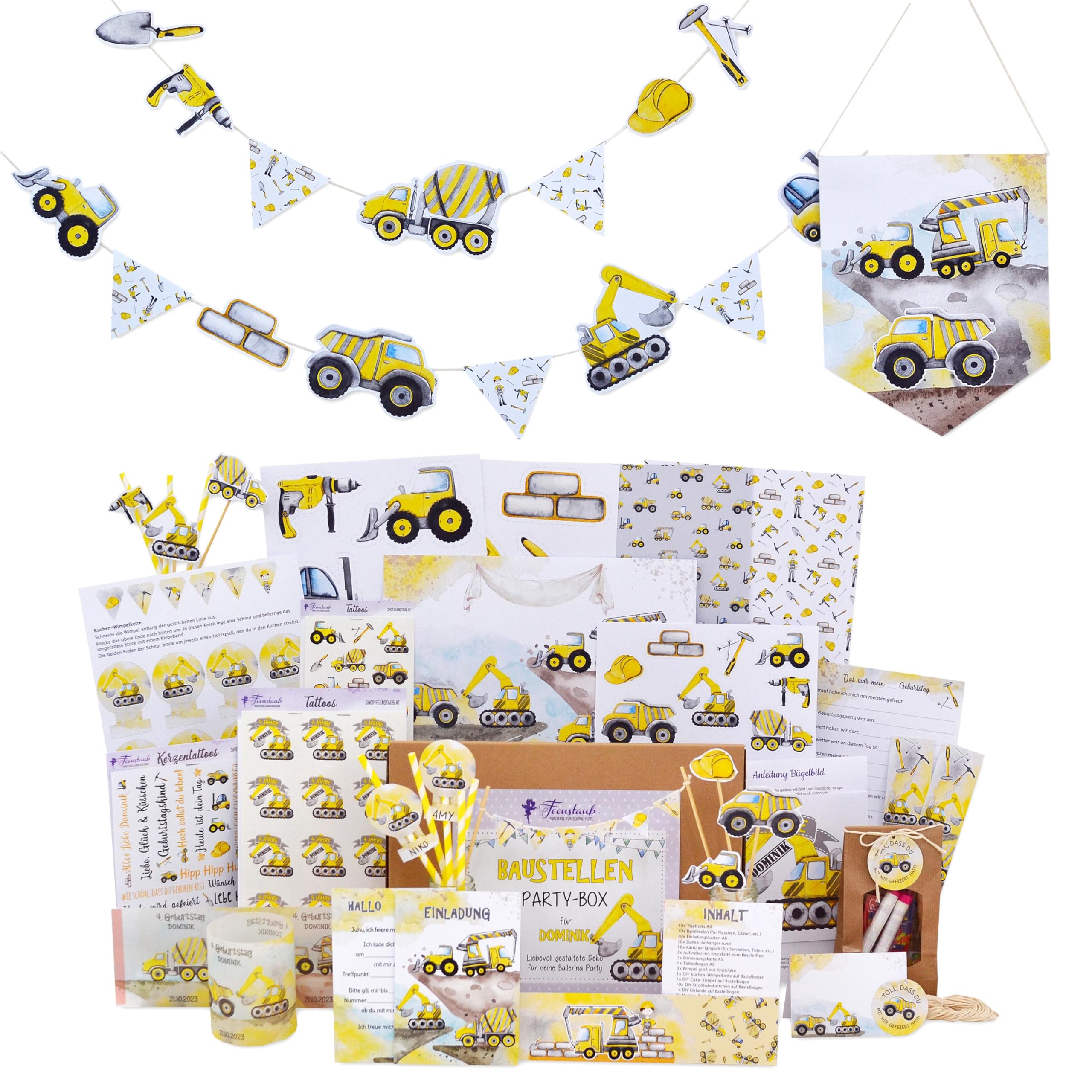 Feenstaub Kindergeburtstag Mottobox, Baustelle, Kindergeburtstag Deko, Bagger Geburtstag, Baustellenparty Party Set, Einladungskarten, Baustellen Deko, Kindergeburtstag Bauarbeiter