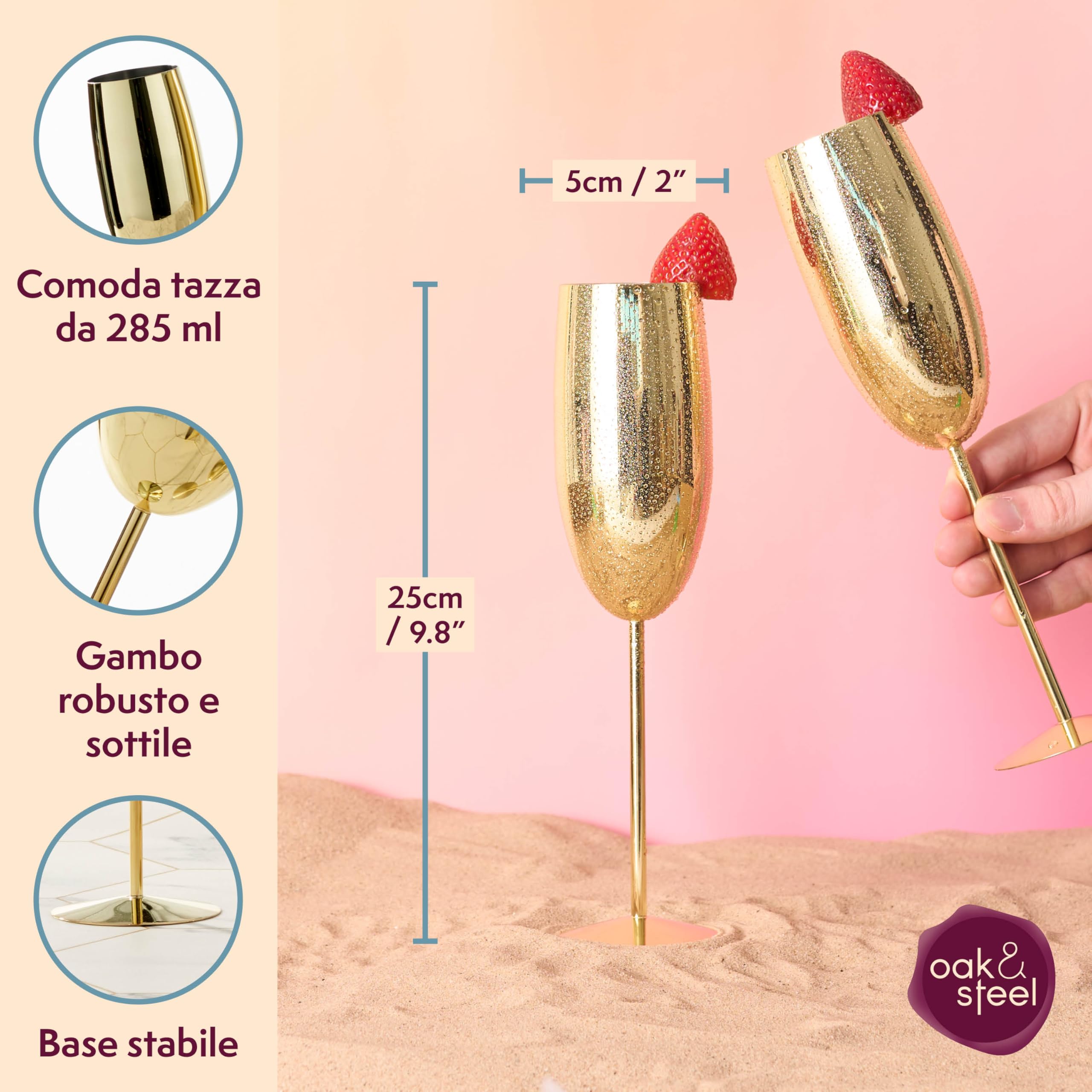 Oak & Steel - 2 Flûtes à Champagne Dorées, 280 ml - Verres à Prosecco en Acier Inoxydable Doré avec Boîte Cadeau