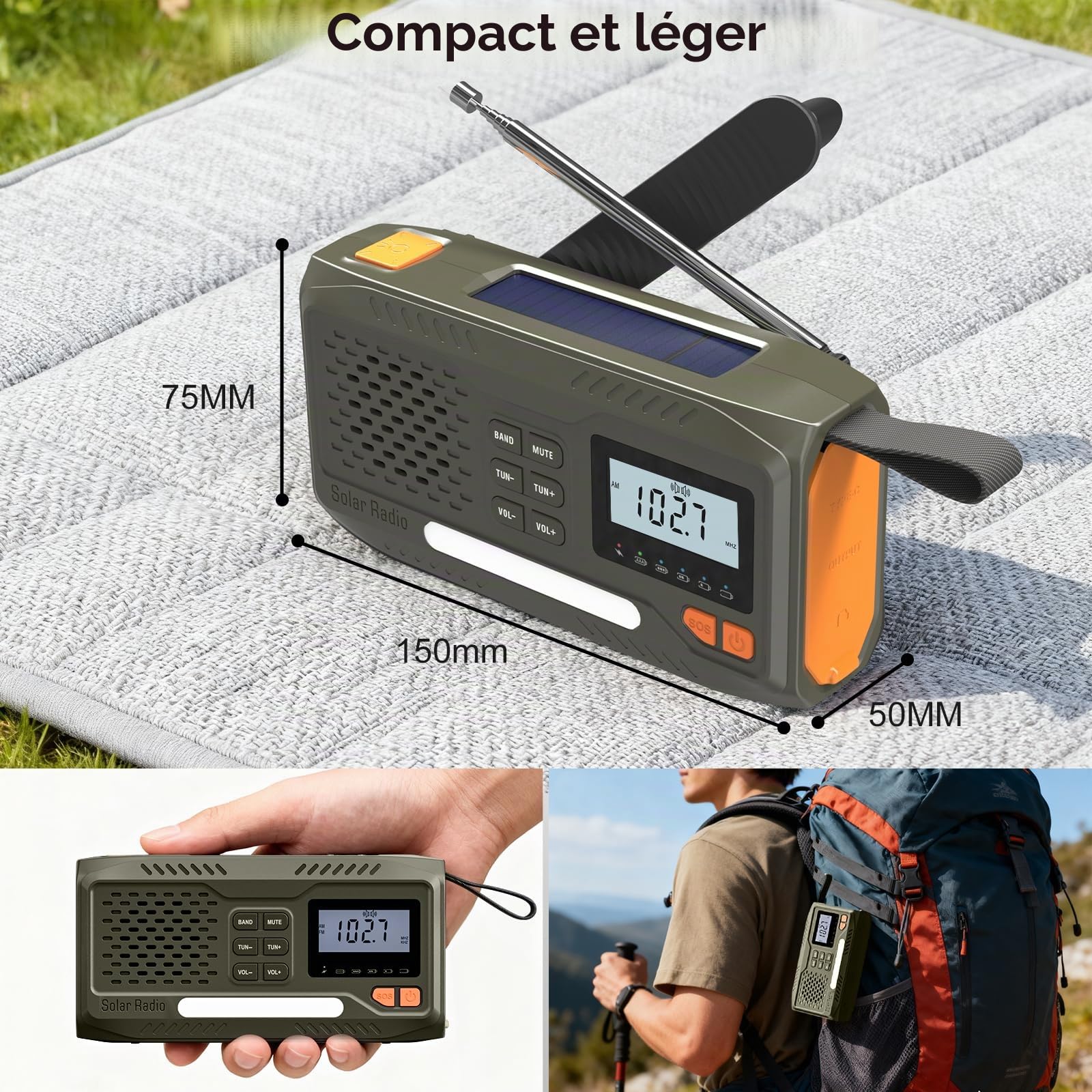 Radio Survie, Radio Solaire Portable à Piles avec Batterie Rechargeable 4500mAh, AM/FM à Manivelle, Écran, Kit d'urgence avec Lampe, Alarme SOS et Le Chargement d'urgence du Téléphone Intelligent