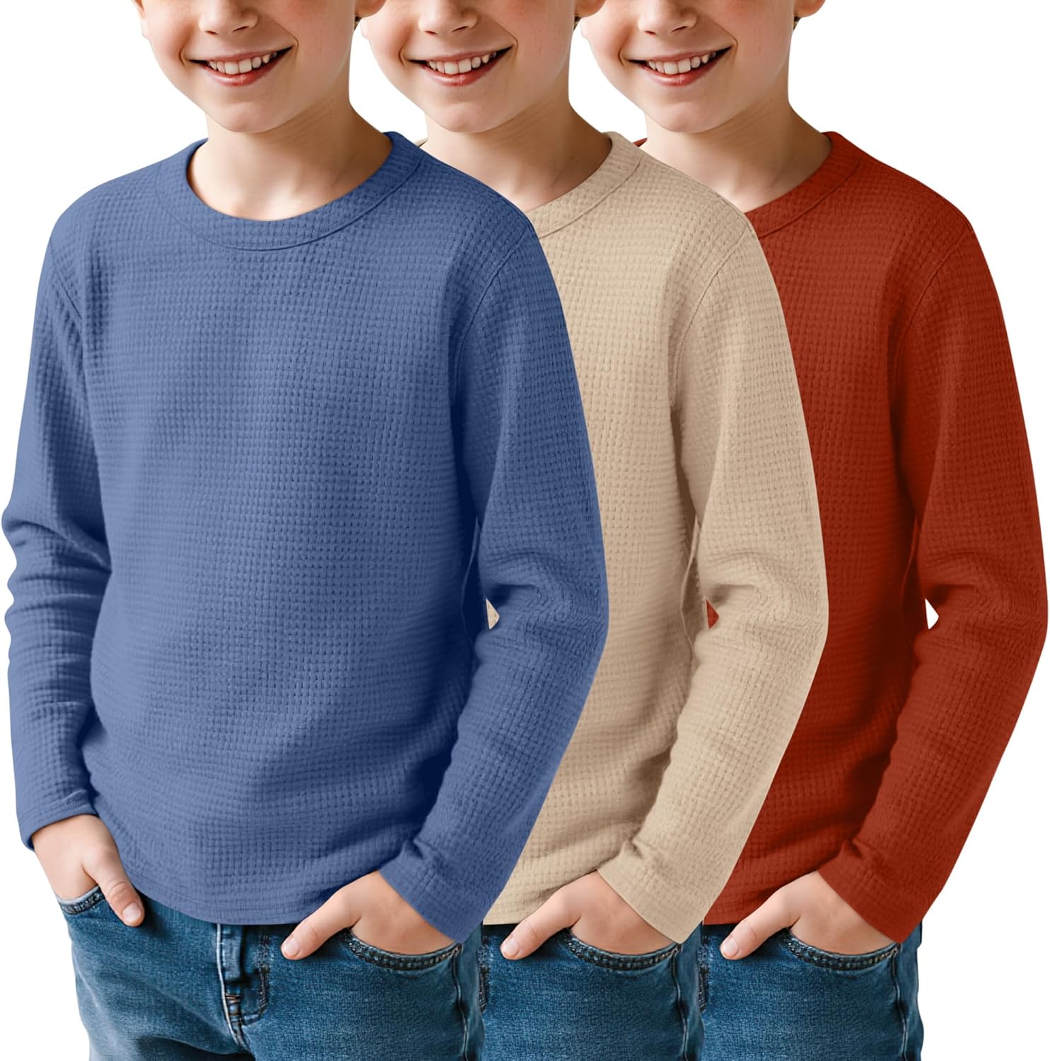 3 Pack Boys Waffle Long Sleeve T-Shirts 5-14 Years Kids Thermal Crew Neck Tops Youth Fall Warm Shirts Basic Tees