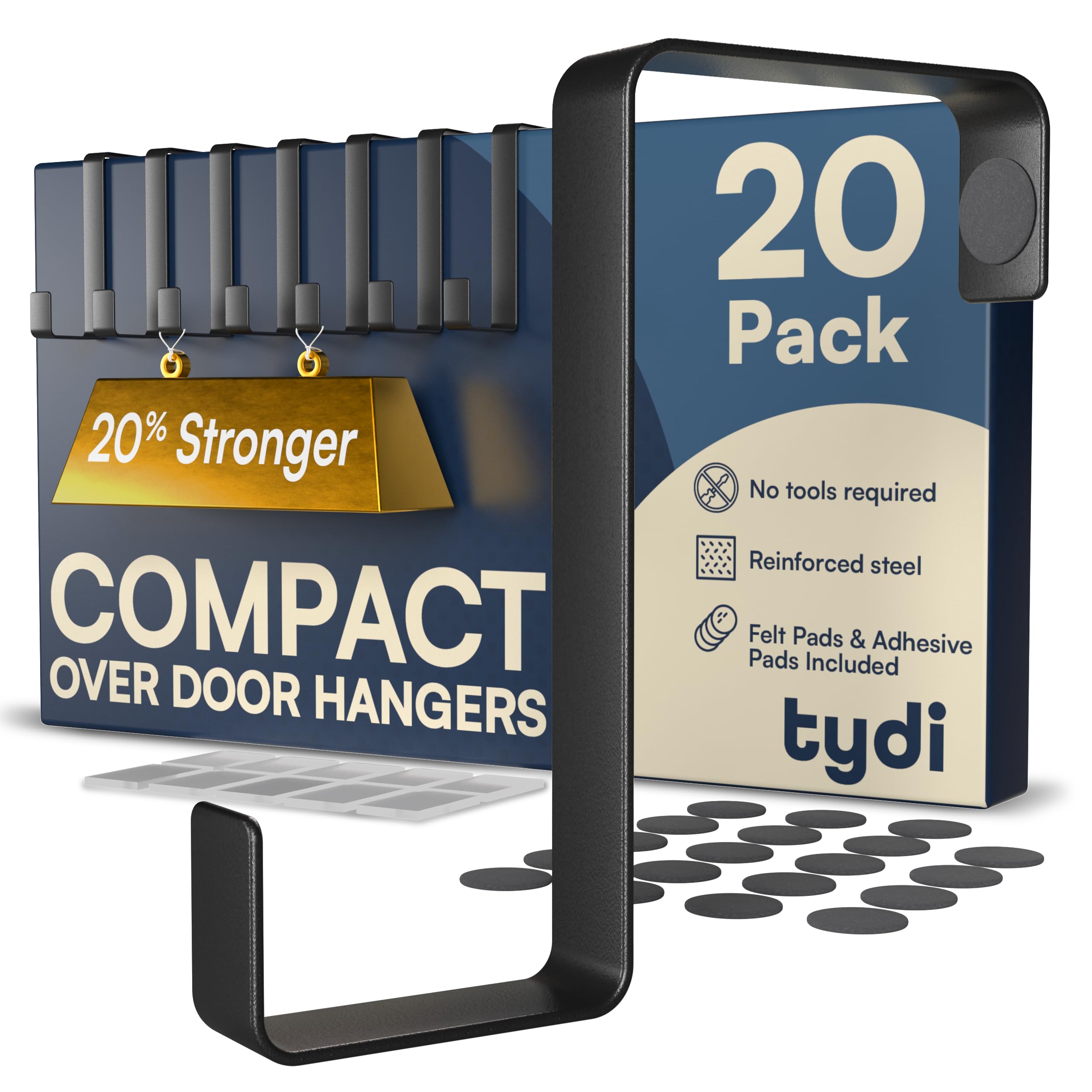 Tydi Black Compact Over Door Hanger (20 Pack) – Holds 6Kg – Reversible Fit For 3.6Cm & 4.6Cm Doors – Thick Stainless Steel Over Door Hooks With Felt & Adhesive Pads –