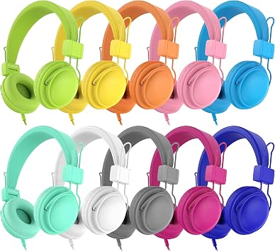 AILIHEN Kids Headphones Bulk 20-Pack for Classroom K-12, School Headphones with Microphone & 85dB Volume Limited & Sharing & Stickers, 3.5mm Jack for Chromebook, Computer, Laptop Multicolor