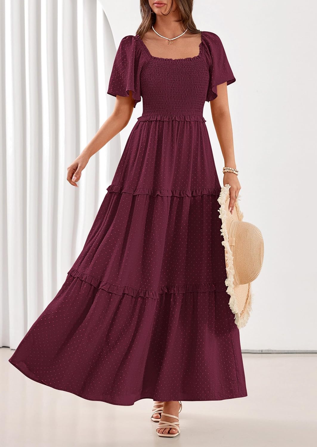 PRETTYGARDEN Summer Dresses for Women 2026 Boho Swiss Dot Smocked Square Neck Short Sleeve Spring Wedding Guest Maxi Dress - Image 3