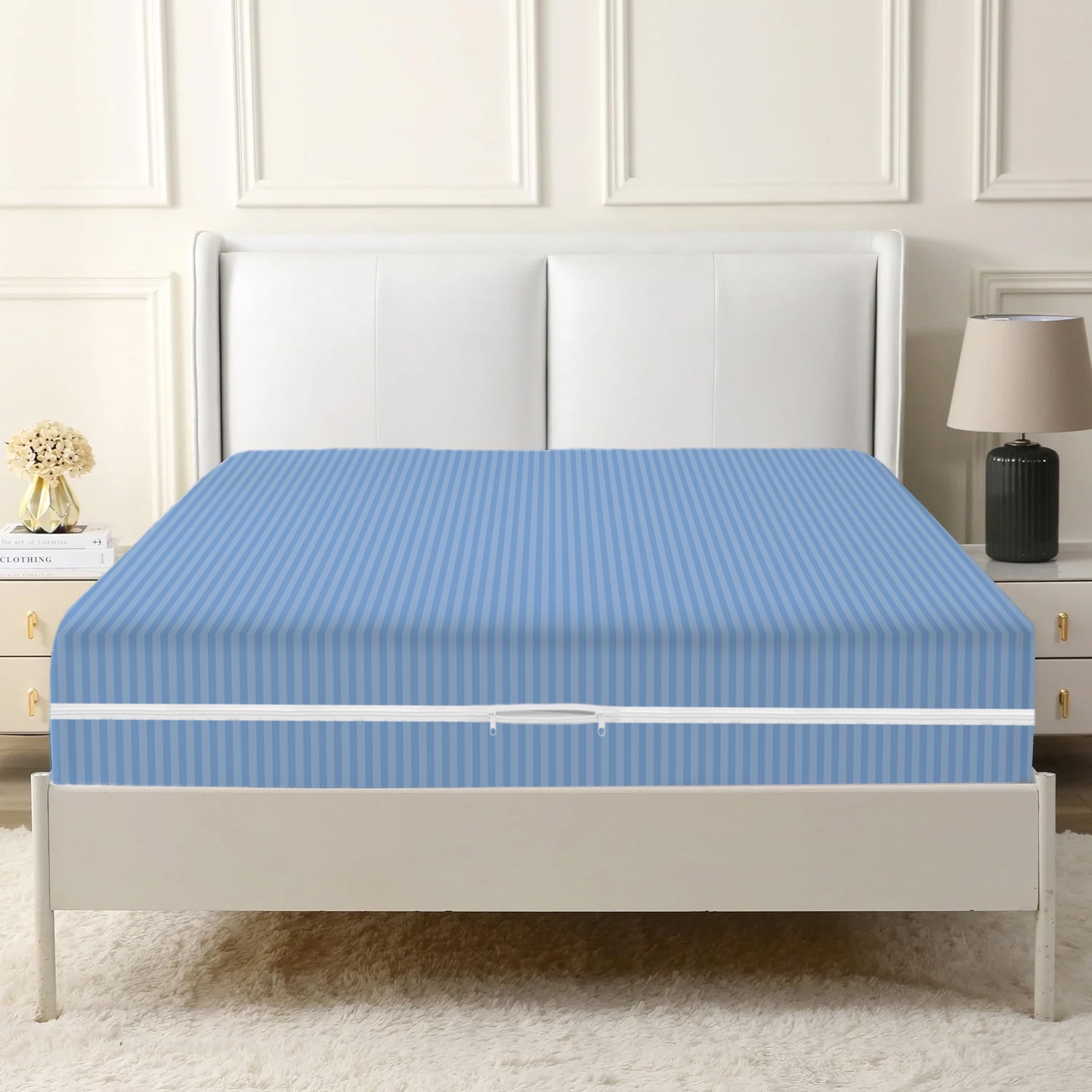 Protège-matelas en satin à rayures avec fermeture éclair double face - Housse complète anti-punaises de lit - Housse de matelas de 30 cm de profondeur avec fermeture éclair - Bleu - Lit double