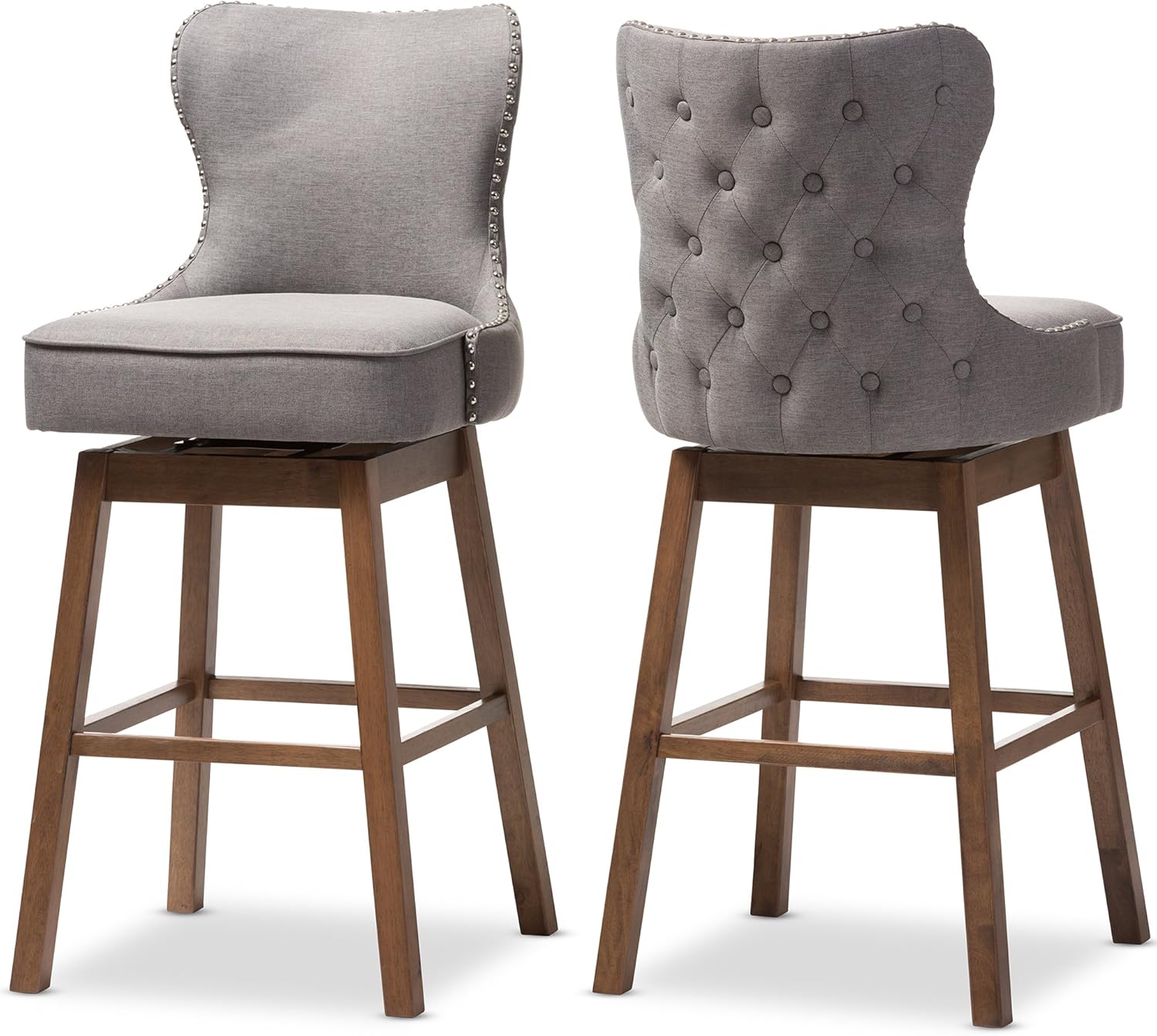 Baxton Studio Gradisca Modern and Contemporary Brown Wood Finishing and Grey Fabric Button-Tufted Upholstered Swivel Barstool