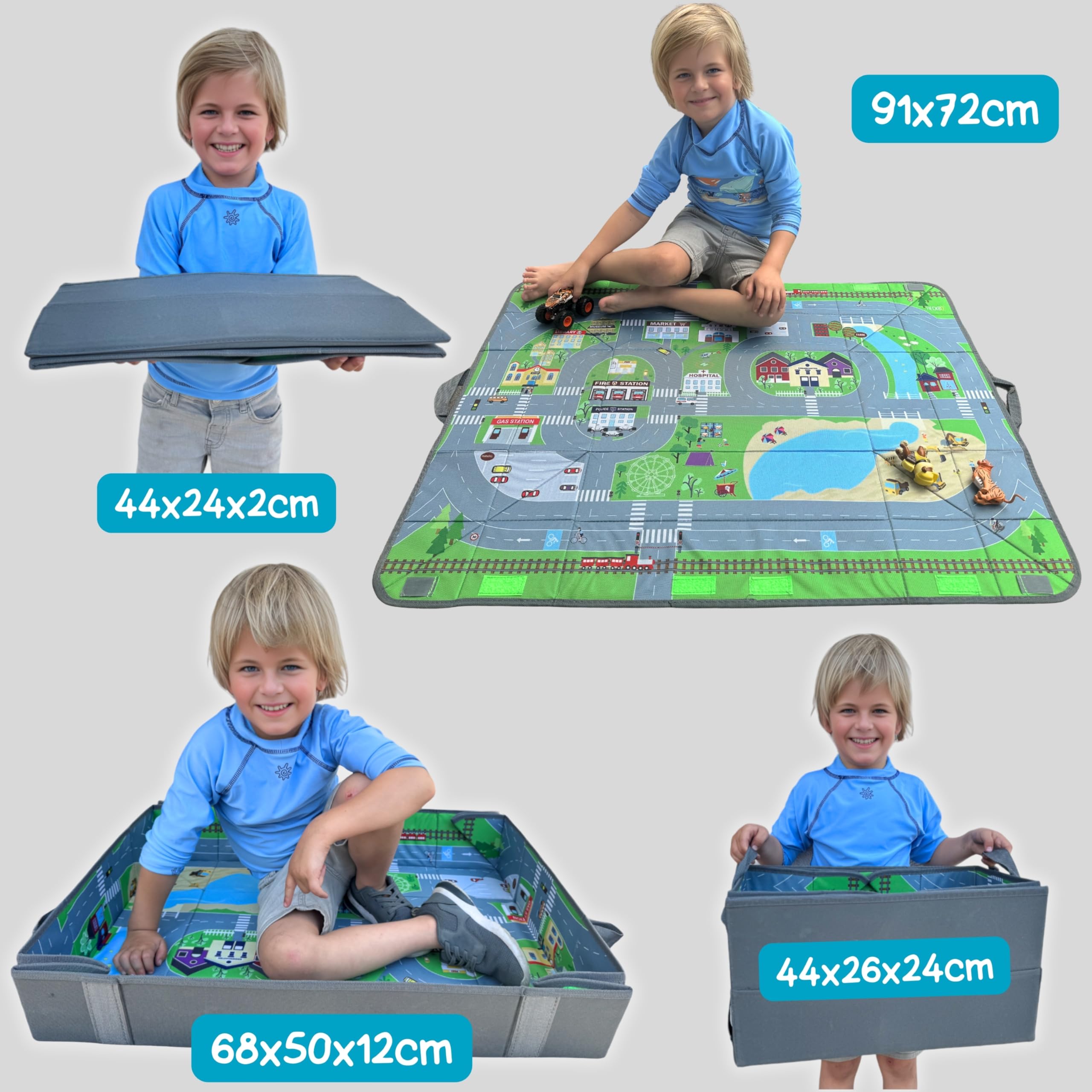 HECKBO Organisateur de voiture et tapis de jeu 4 en 1 - Boîte de rangement de jouets pour enfants - Tapis de jeu pliable avec motif de rue - Fixation sûre dans la voiture, 91cm x 72cm