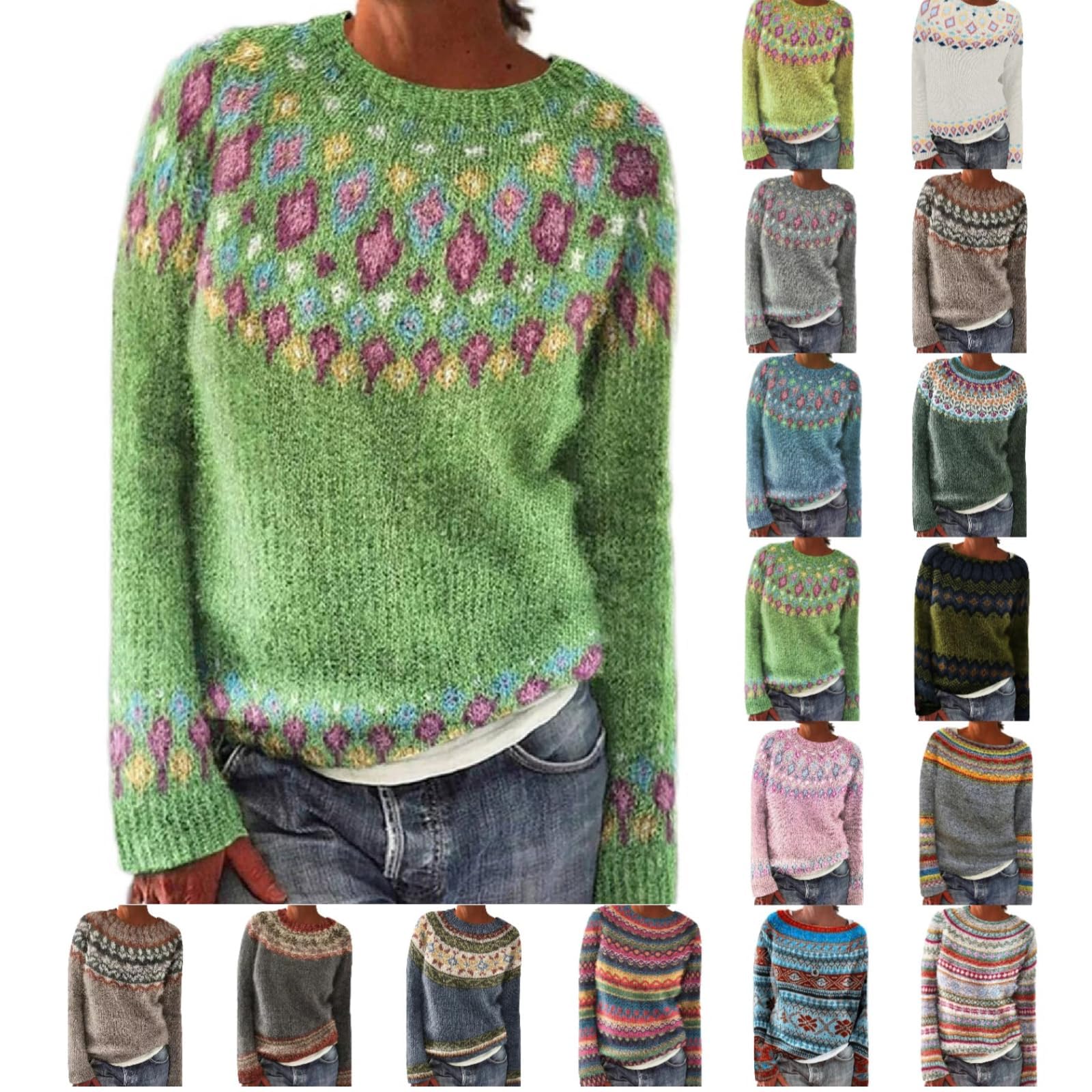 Fisherman Sweater Women Fair Isle Knit Boho Retro Winter Fall Casual Loose Crewneck Long Sleeve Argyle Sweaters