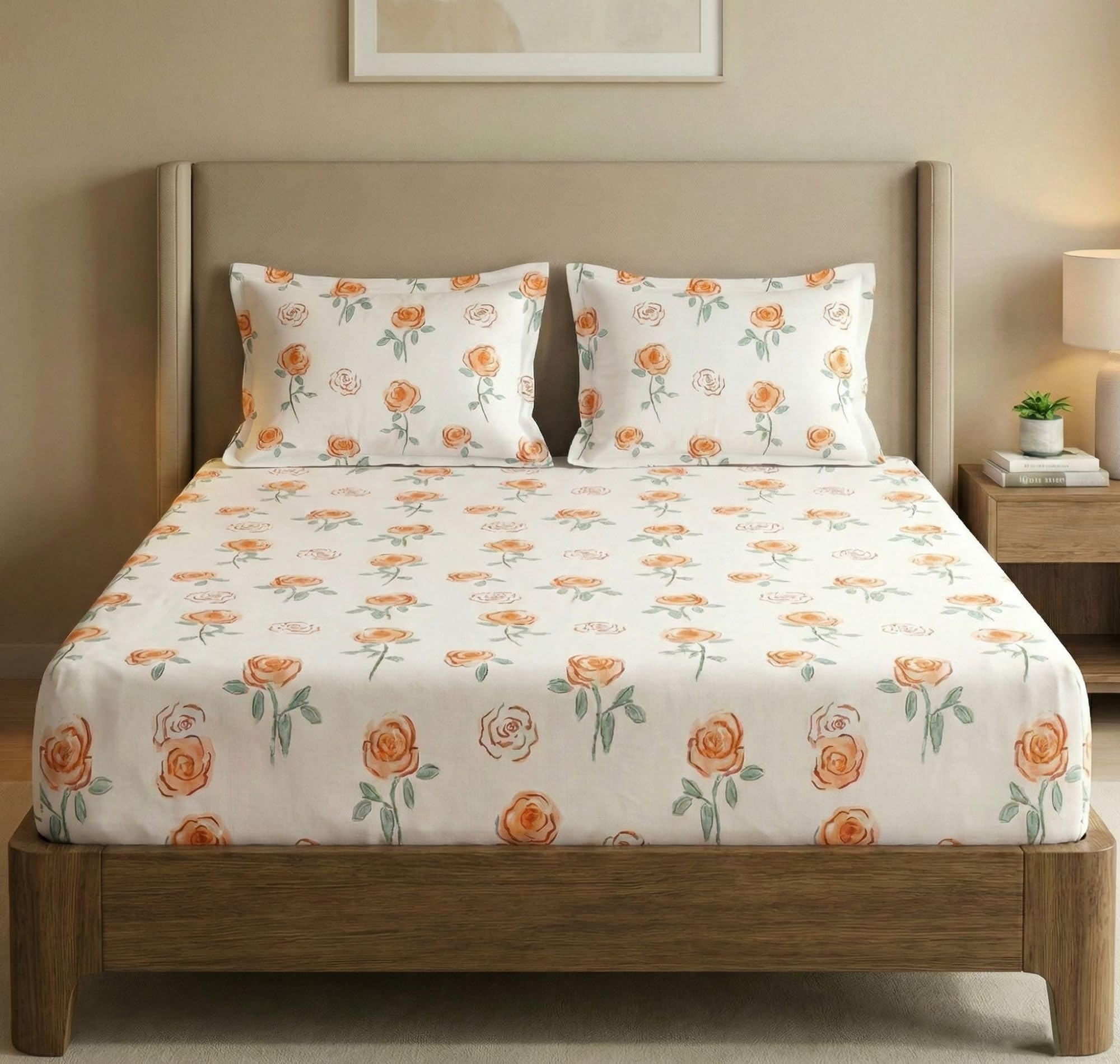 VAS COLLECTIONS Cloud Cotton Feel Double Bed Bedsheet Set (90x100 Inch) | 220 TC Soft & Breathable | Floral Printed Bed Sheet with 2 Pillow Covers | Wrinkle-Free (Yellow White)