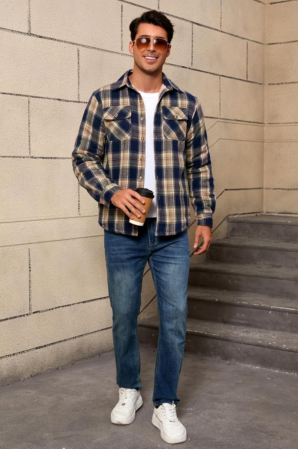 Men's Sherpa Lined Cotton Flannel Shirt Jacket Button Down Long Sleeve Fleece Jacket for Men - Image 6