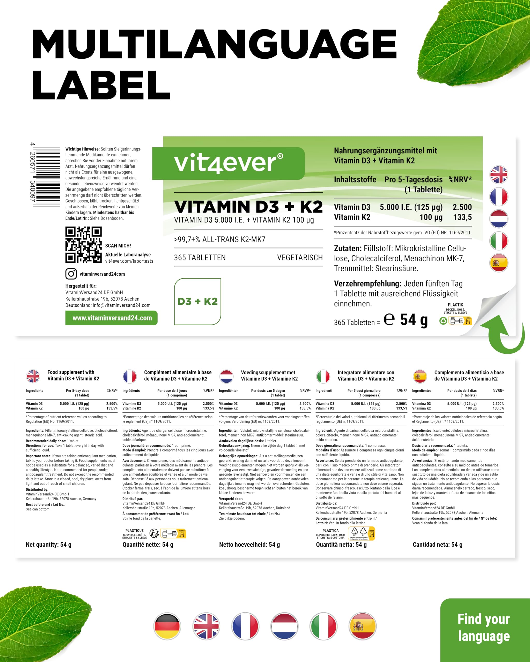 vit4ever Vitamin D3 + K2 Depot - 365 Tabletten - Premium Rohstoff: 99,7+% All-Trans - Mit 5000 I.E. Vitamin D3 pro Tablette - Vegetarisch - Premium Qualität - Ohne unnötige Zusätze | 100 µg Vitamin K2 MK7, aus Lanolin, vegetarisch, ohne unnötige Zusätze &
