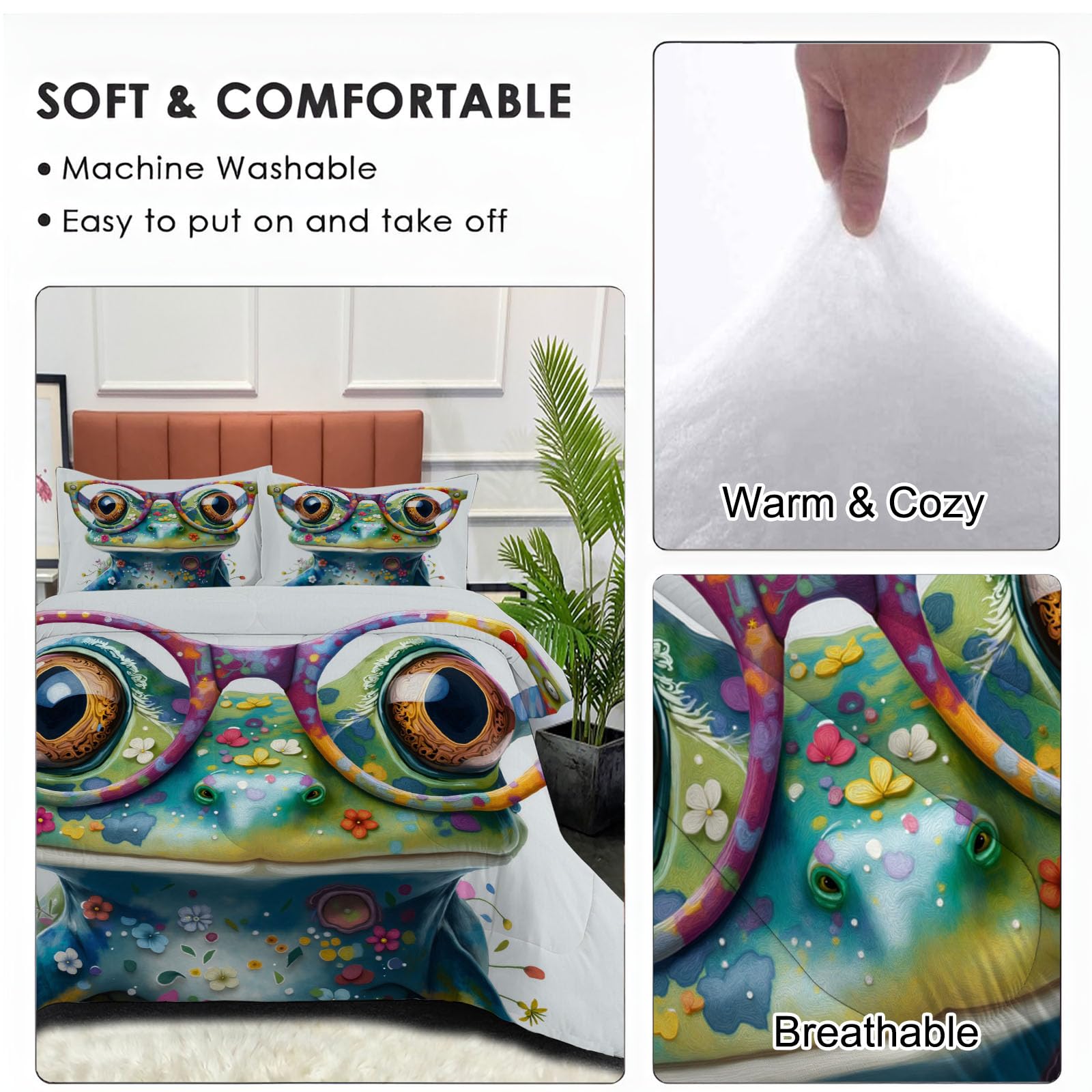 Trapunta Letto Singolo 4 Stagioni Piumone per Bambini, Rana Carina Occhiali Leggero Pittura A Olio Animali Set di Biancheria da Letto 140x200cm con 1 Federe,Piumino Lavabile In Lavatrice