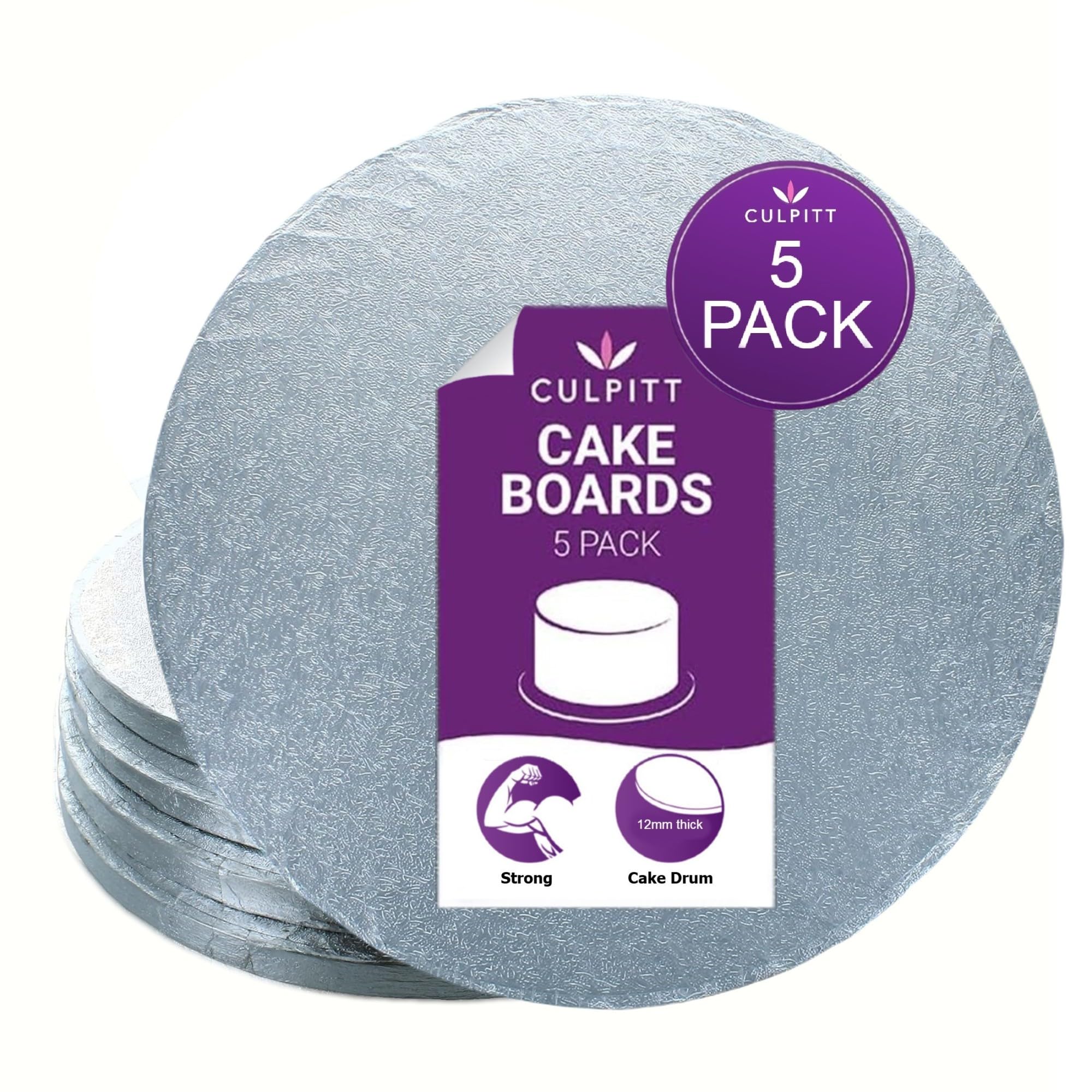 Culpitt 12" Cake Board | 5 Pack | Cake Drum, Silver Fern, 12 Inch (304mm) Round, 12mm Thick, (Pack of 5 Boards)