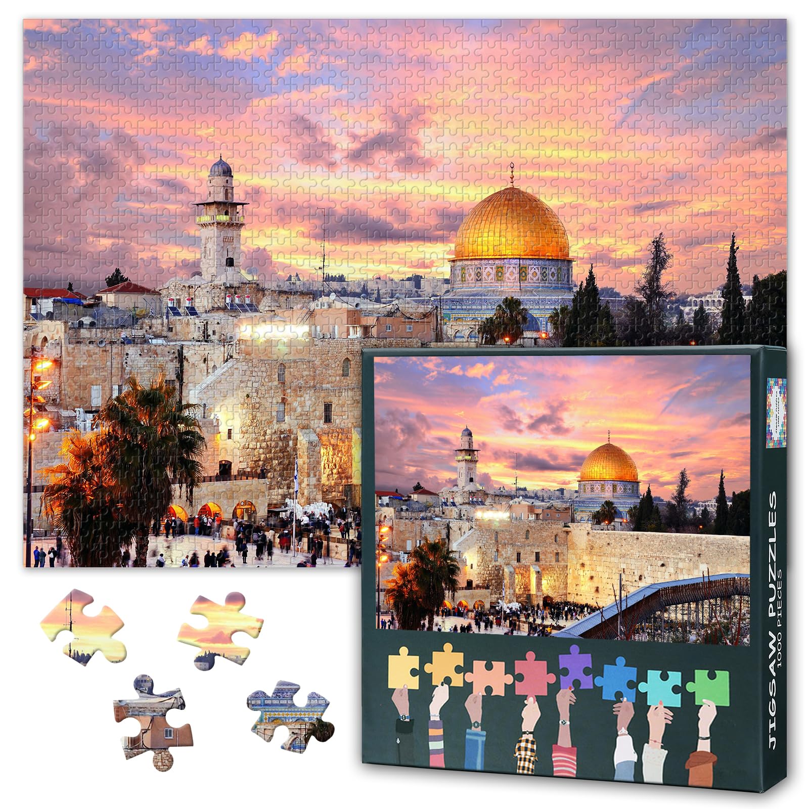 1000 Piece Jigsaw Puzzle for Adults - Old Jerusalem & Israel at Dusk Vintage Art, Ancient City Landscape Puzzles, Premium Puzzle Board for Adults - 27.5x19.7 in