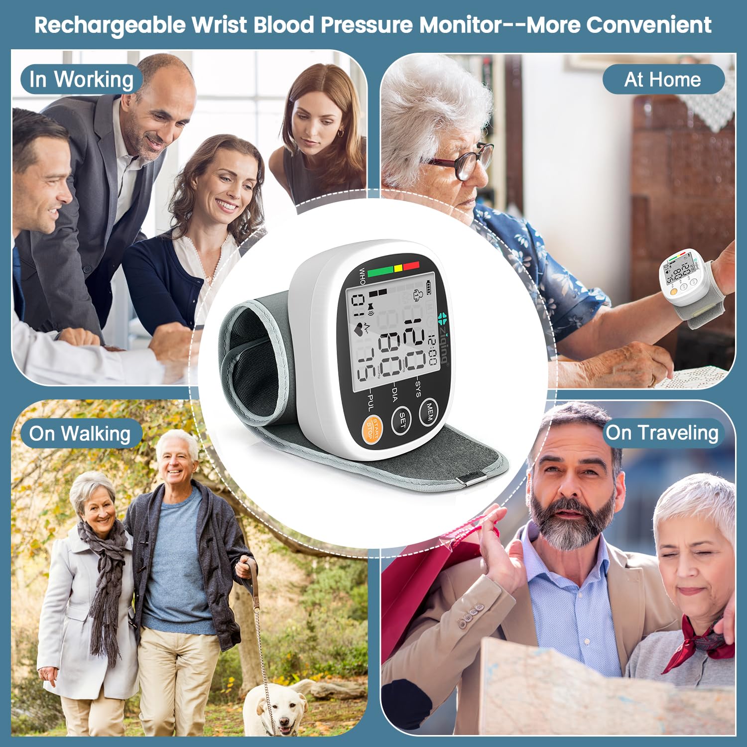 Monitor de presión arterial de muñeca para uso doméstico, máquina Bp recargable, monitor digital automático BP con transmisión de voz, pantalla LCD grande, pulsera BP de memoria 2 × 99 5~7.7