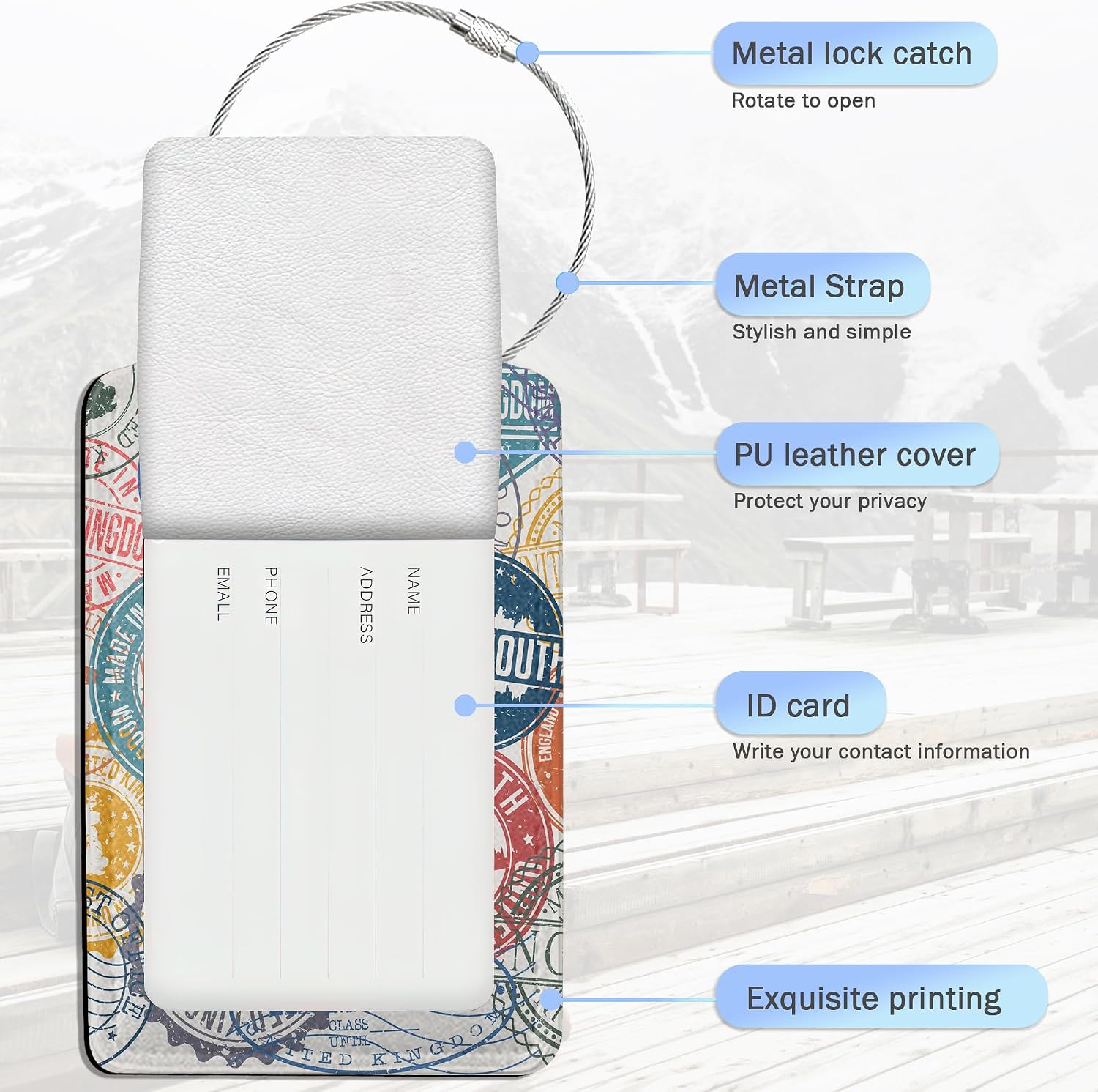 Travel Stamp PU Lether Luggage Tags,2 Pack PU Cute Suitcase Tags with Stainless Steel Loop and Address Card Baggage Tag for Travel image 3