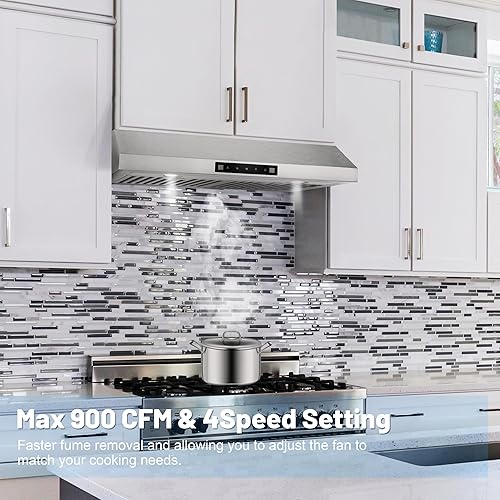 Miniatura 2 de Campana de Ventilación de 30 Pulgadas para Debajo del Gabinete con 600 CFM, Sensor de Gestos y Control Táctil, Campana de Cocina sin Conductos/Con