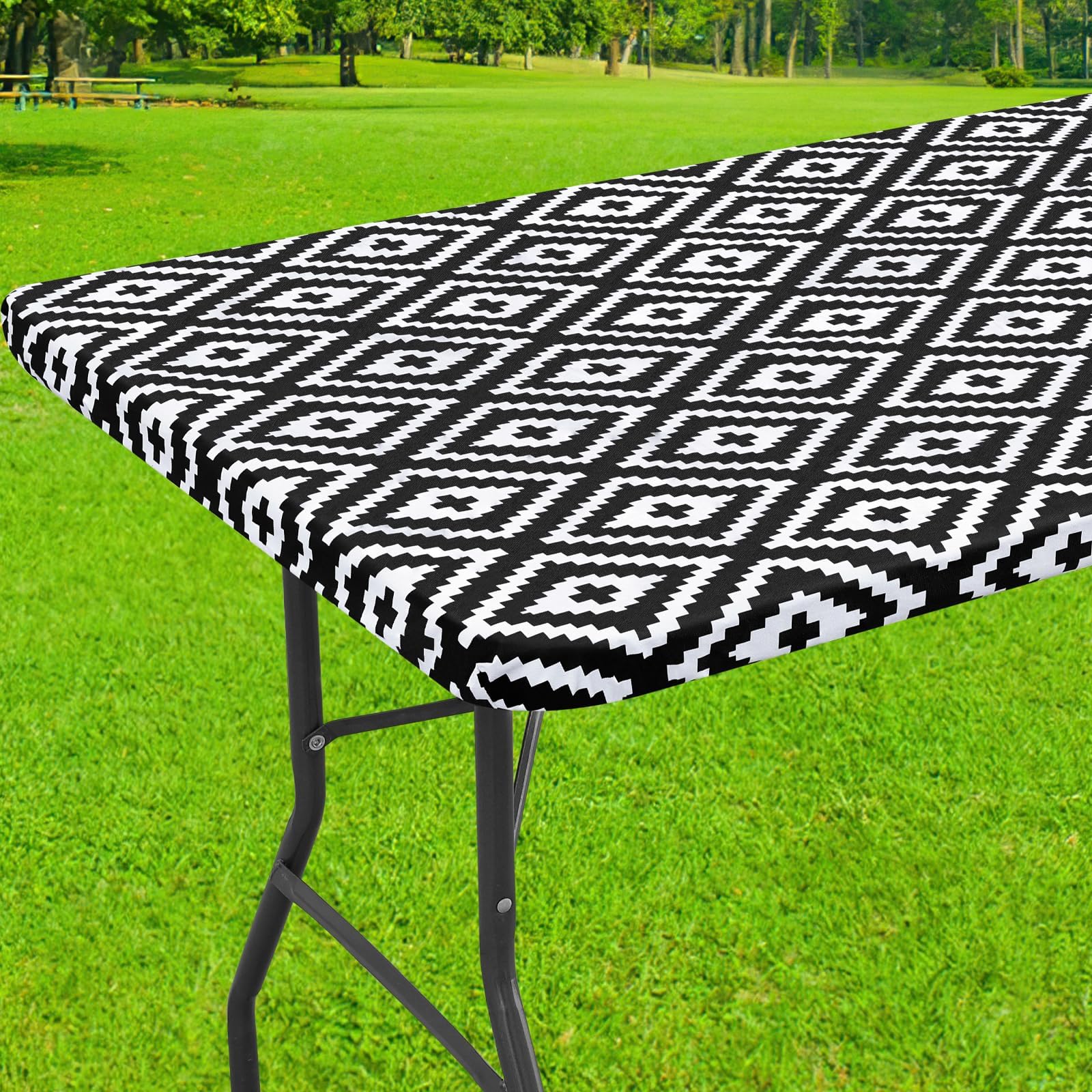 Smiry Rectangle Picnic Table Cloth, Waterproof Elastic Fitted Outdoor Tablecloths for 6 Foot Tables, Wipeable Flannel Backed Vinyl Table Cover for Camping, Dining and Indoor (30"x72", Black)