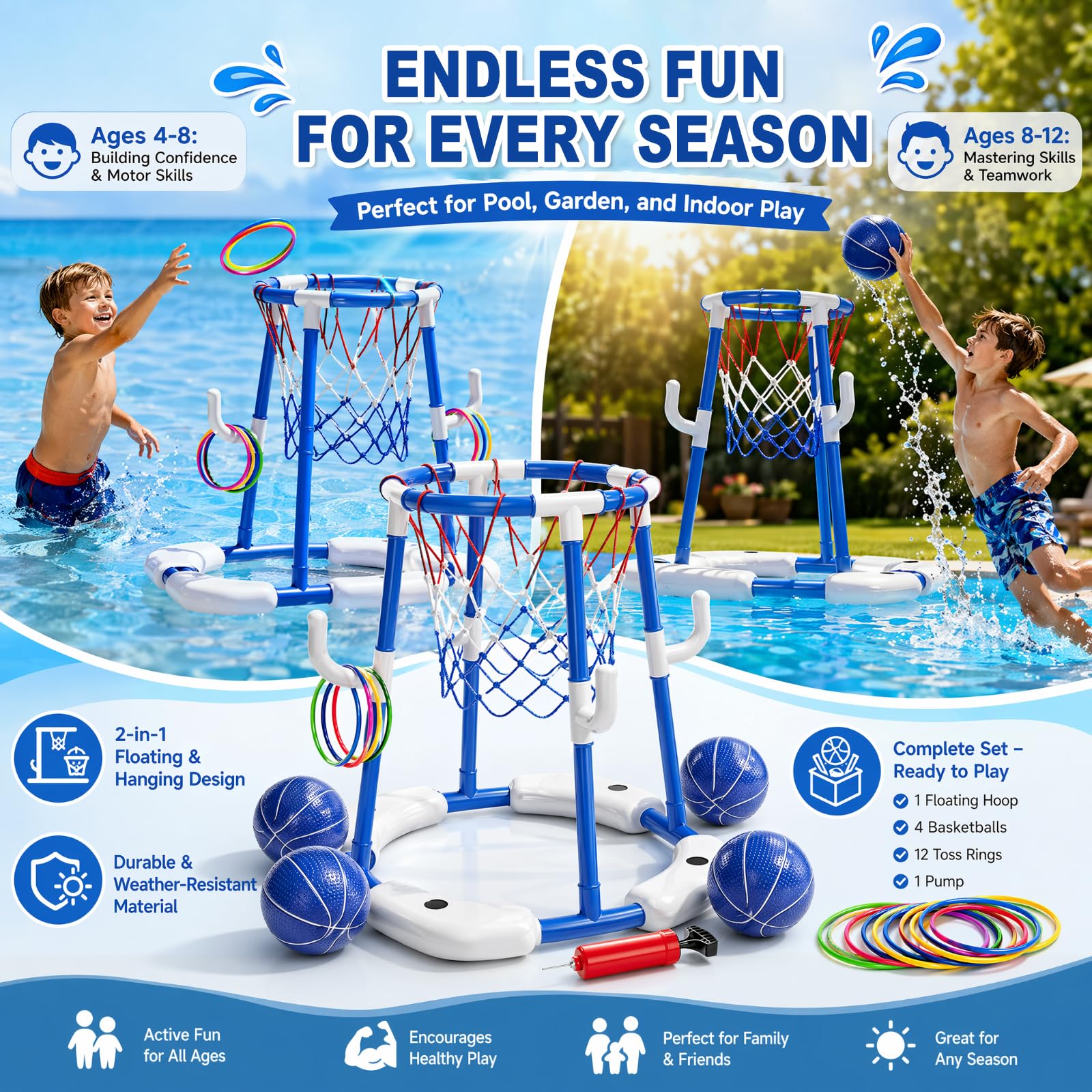 Pool Basketballkorb Schwimmender Basketballkorb mit 4 Bällen 12 Wurfringe Pumpe Aufblasbar Wasserspiel